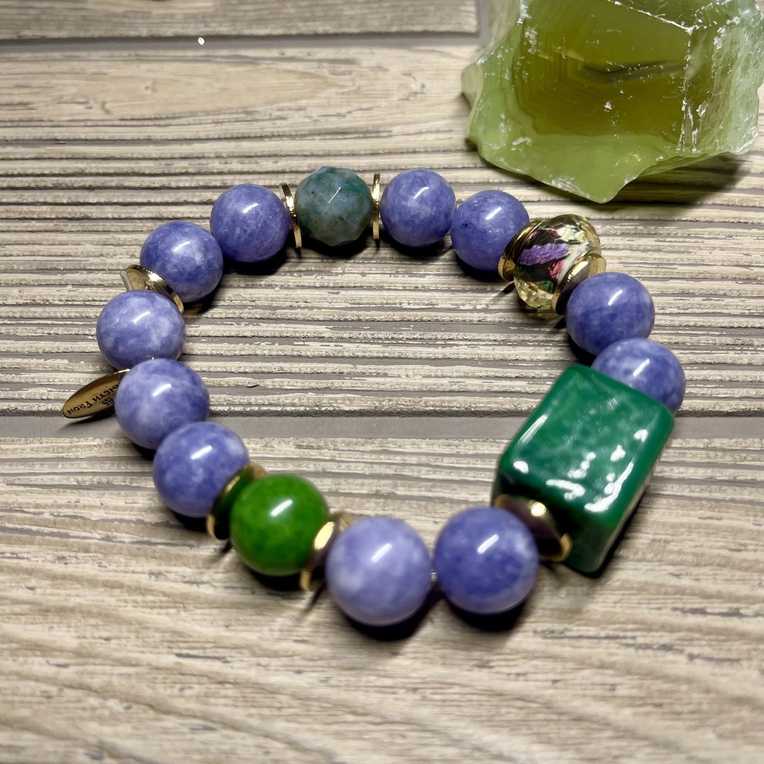 "IRIS" OOAK Natural Purple Lavender Jade, Green Jade, Agate Gemstone and Crystal Designer Bracelet