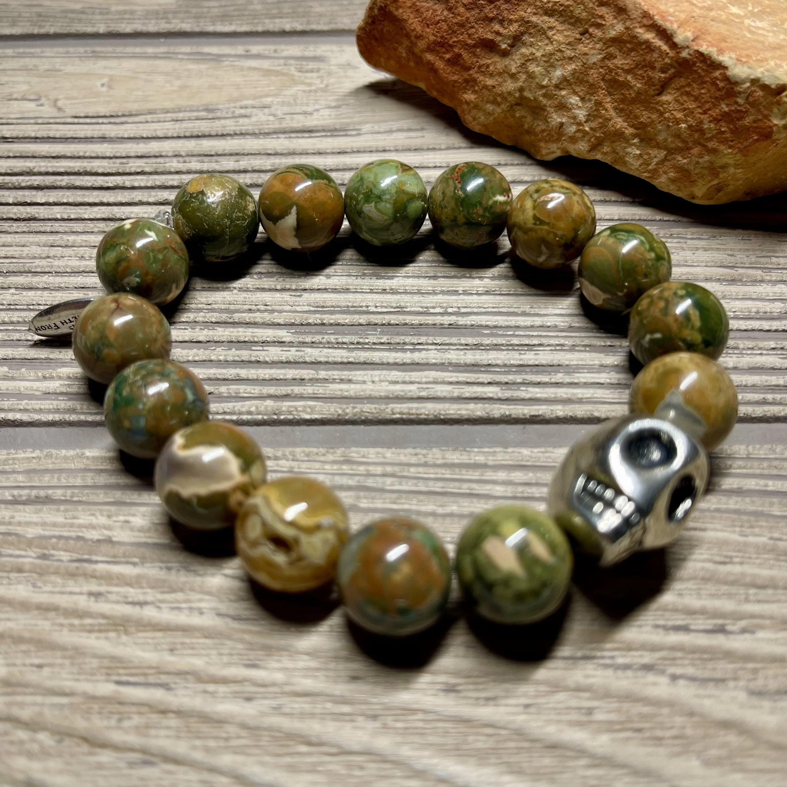 UNISEX - OOAK Genuine Rhyolite Gemstone with Silvertone Skull Designer Bracelet