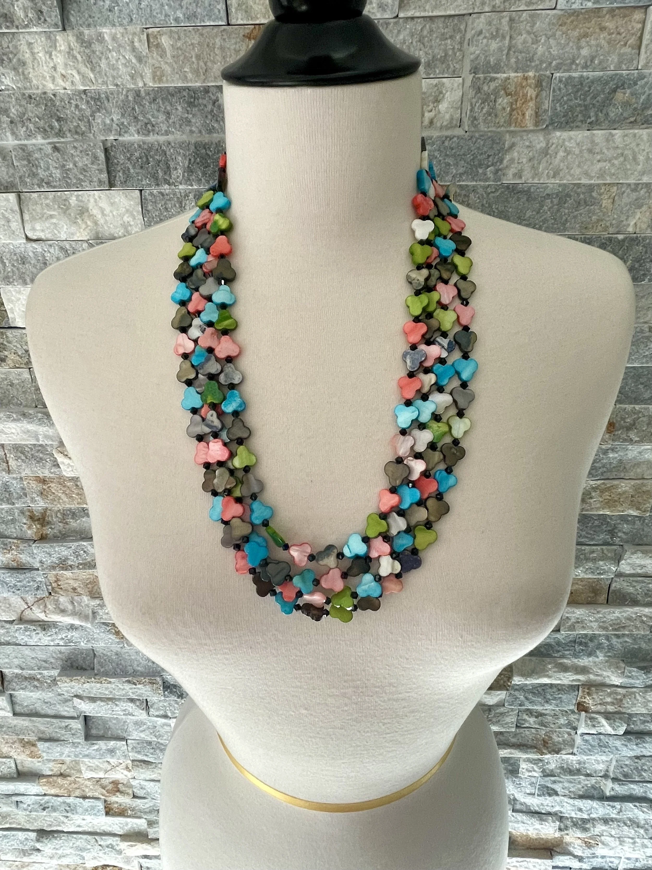 "PICCADILLY CIRCUS" Colorful Multistand Mother of Pearl and Genuine Swarovski Crystal Designer Necklace