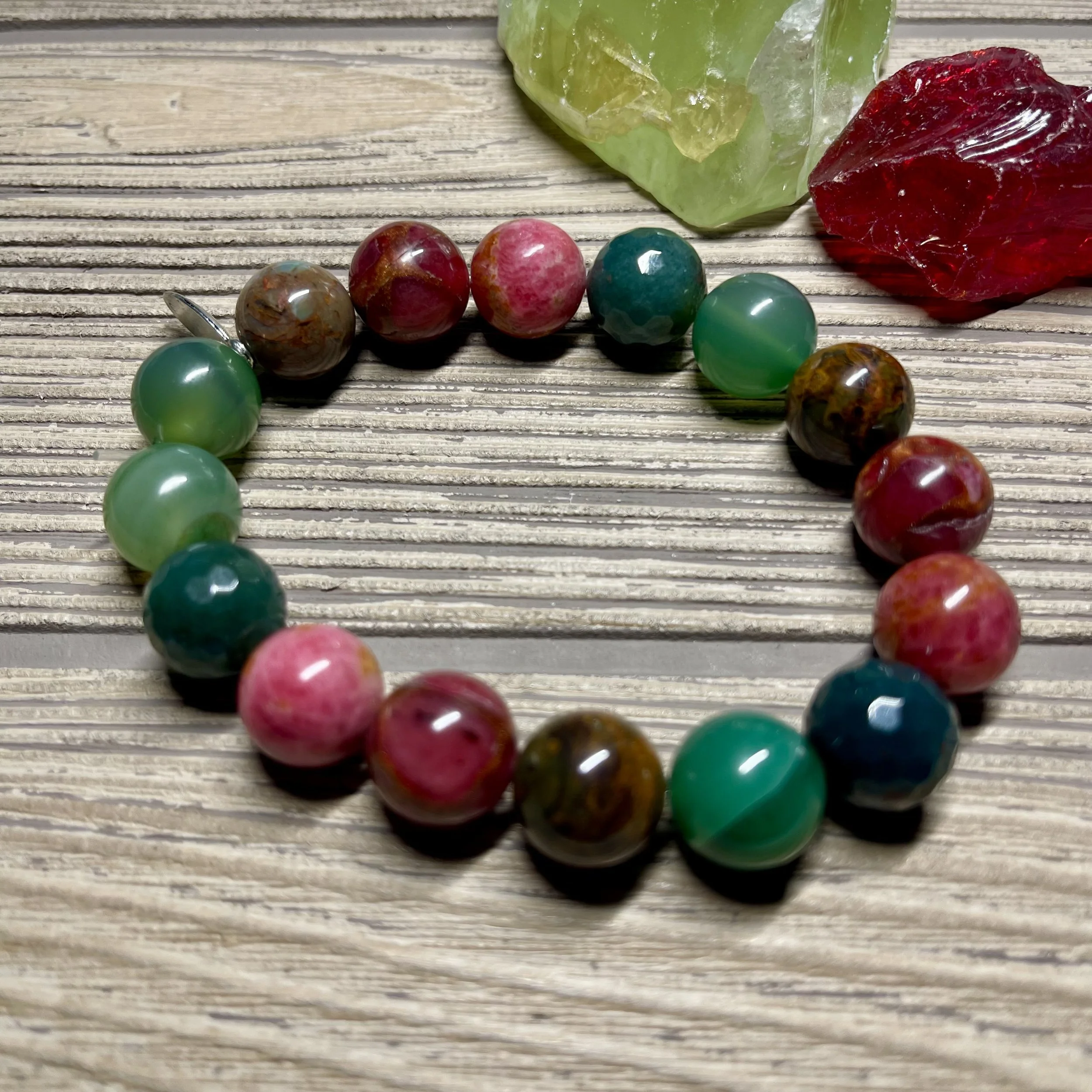 "WATERMELON KISSES" UNISEX Striped Agate, Moss Agate, Thulite, African Green Opal Gemstone Designer Bracelet