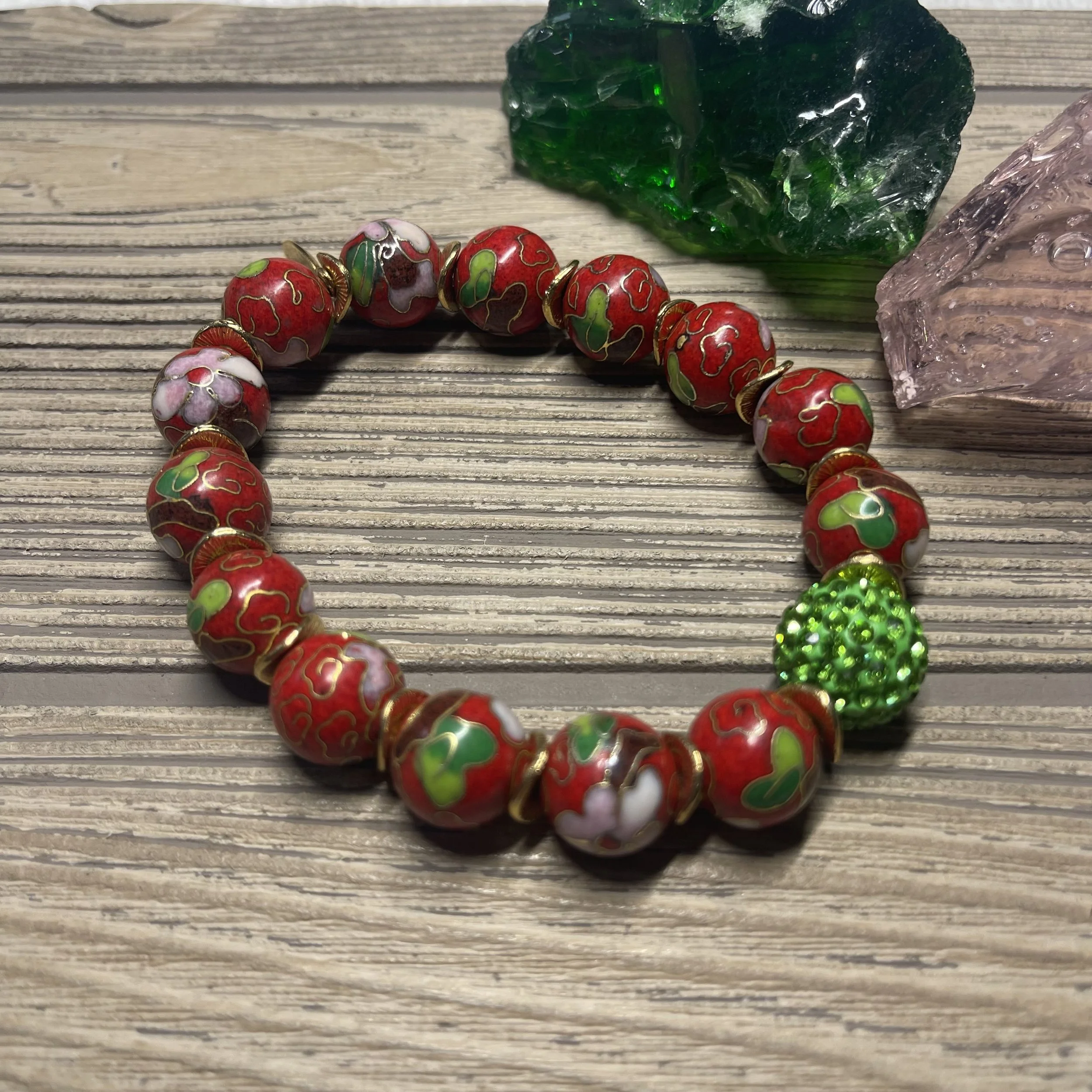 "CHERRY BLOSSOM" OOAK - Genuine Red/Pink Floral Cloisonne Bead w/Green Glass Crystal Accent Designer Bracelet