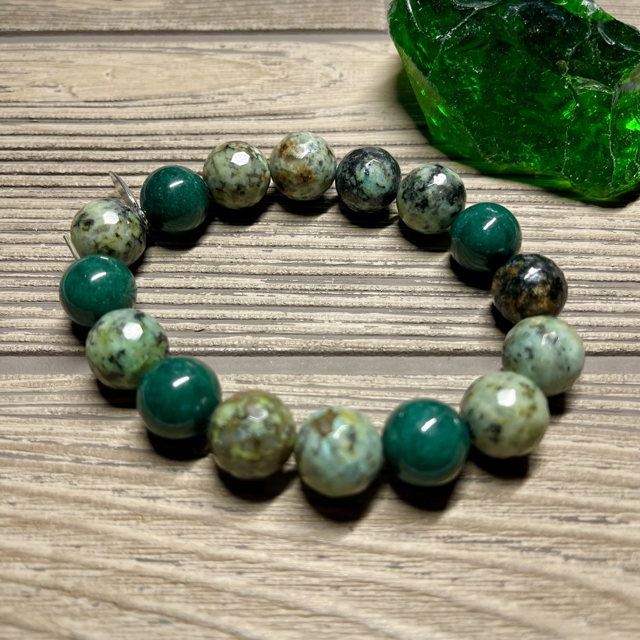 UNISEX - Natural African Turquoise Grade AA and Genuine Green Jasper Gemstone Designer Bracelet