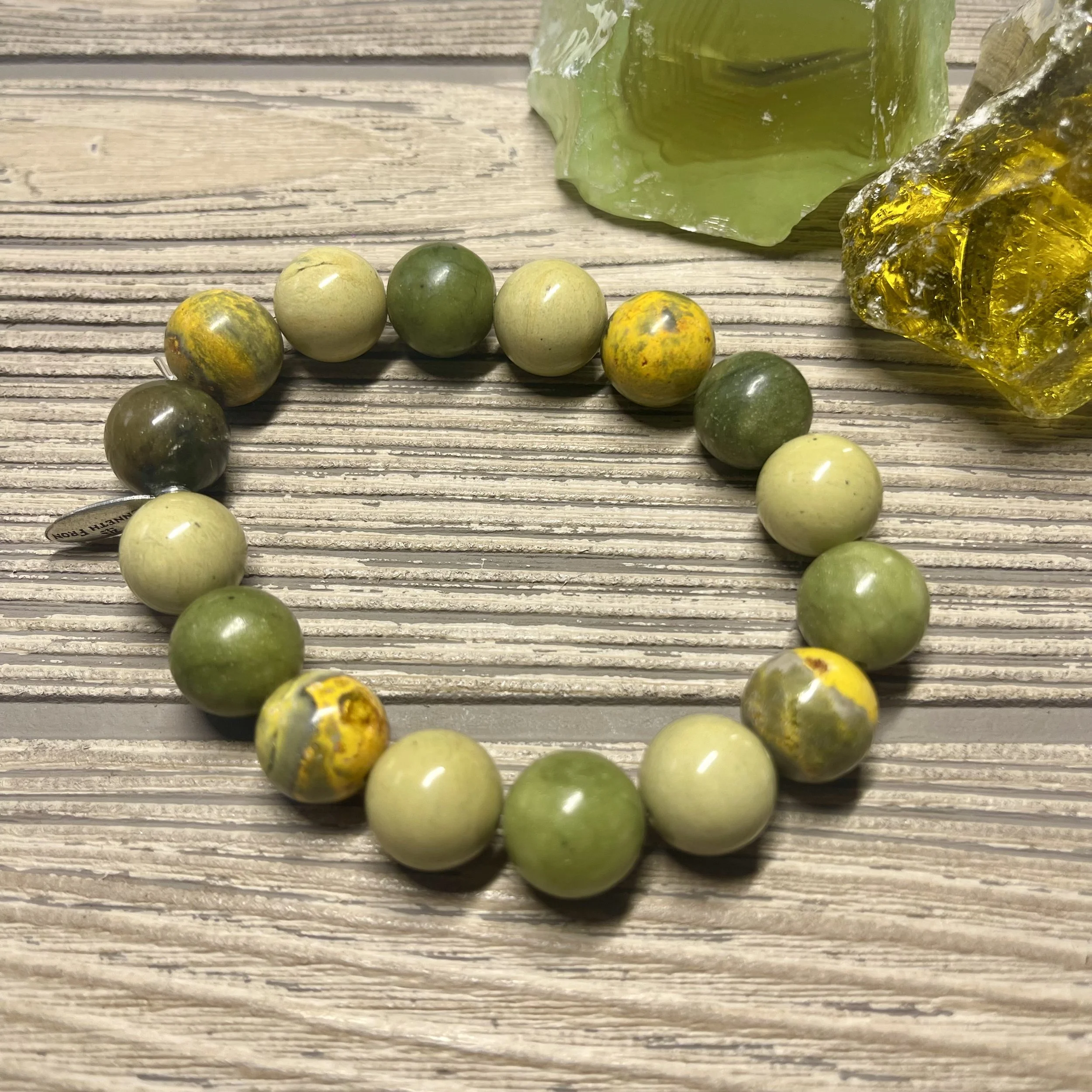 OOAK - Genuine Zebra Healerite, Sinkiang Jade and Yellow Bumblebee Jasper Grade AAA Gemstone Designer Bracelet