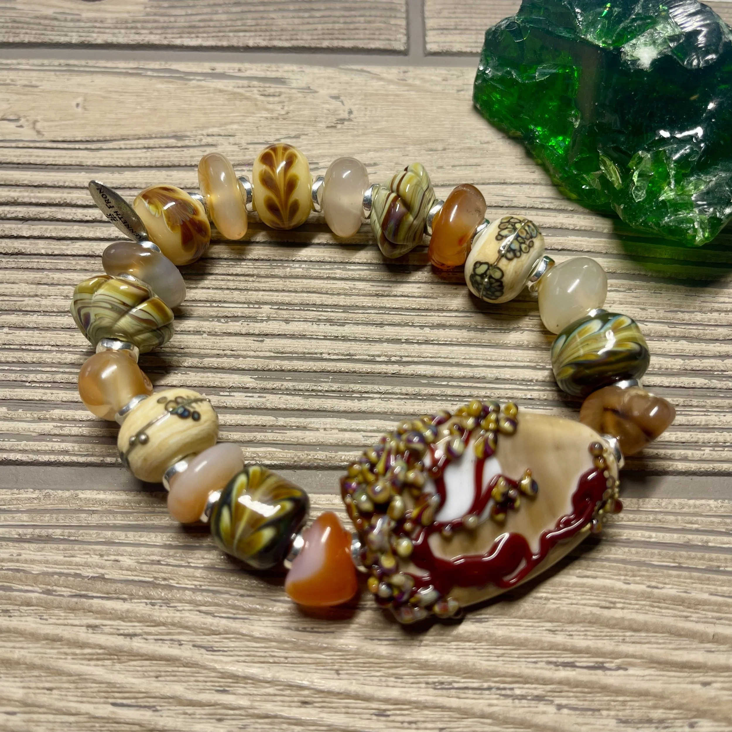 "INTO THE WOODS" - OOAK Artist Handmade Lampwork Glass and Genuine Agate Gemstone 8 to 8 1/2 inch Designer Bracelet