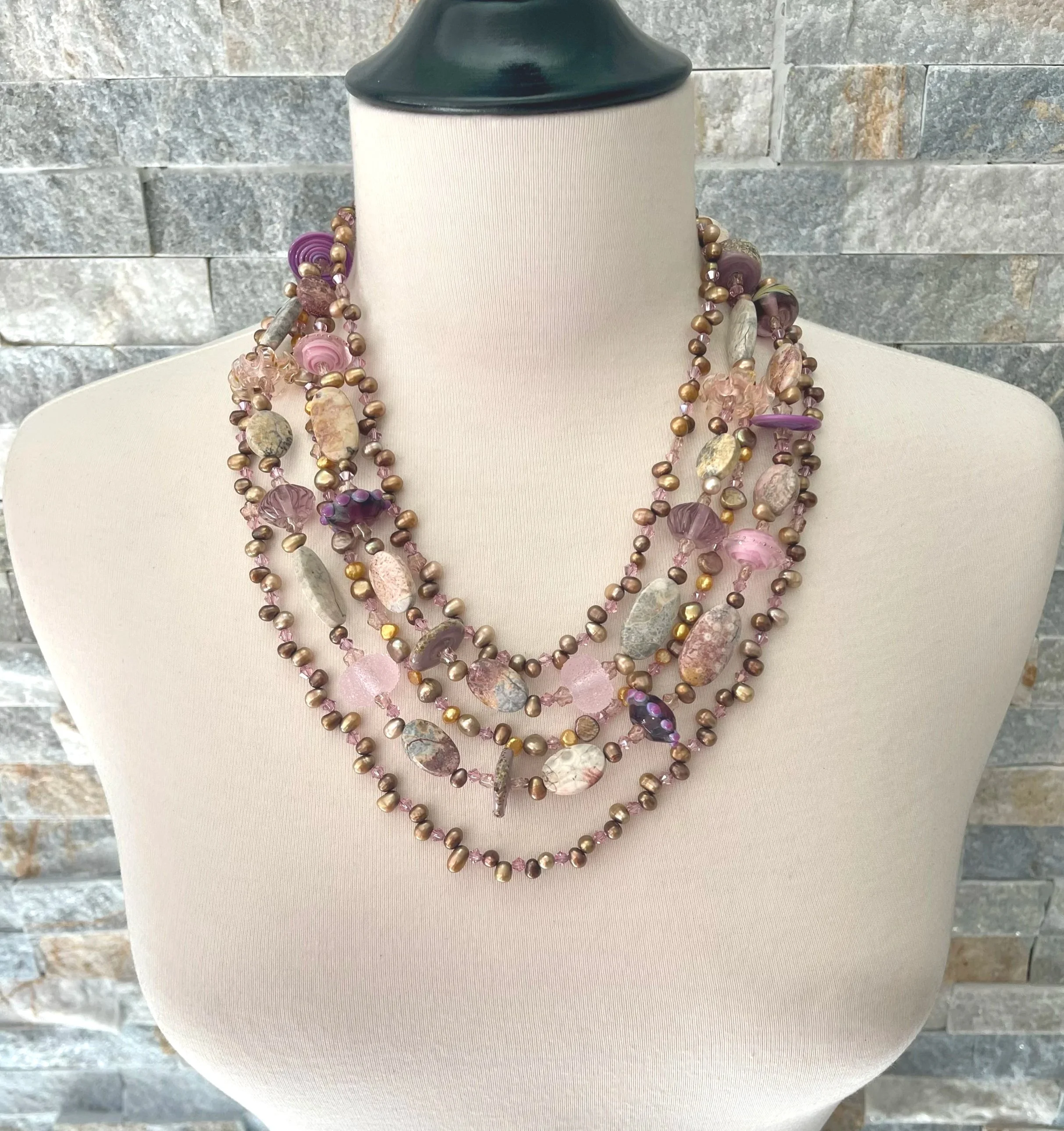 "A THING OF BEAUTY" Breathtaking Multistrand Lamp-work Glass, Cultured Pearl and Genuine Swarovski Crystal Designer Necklace