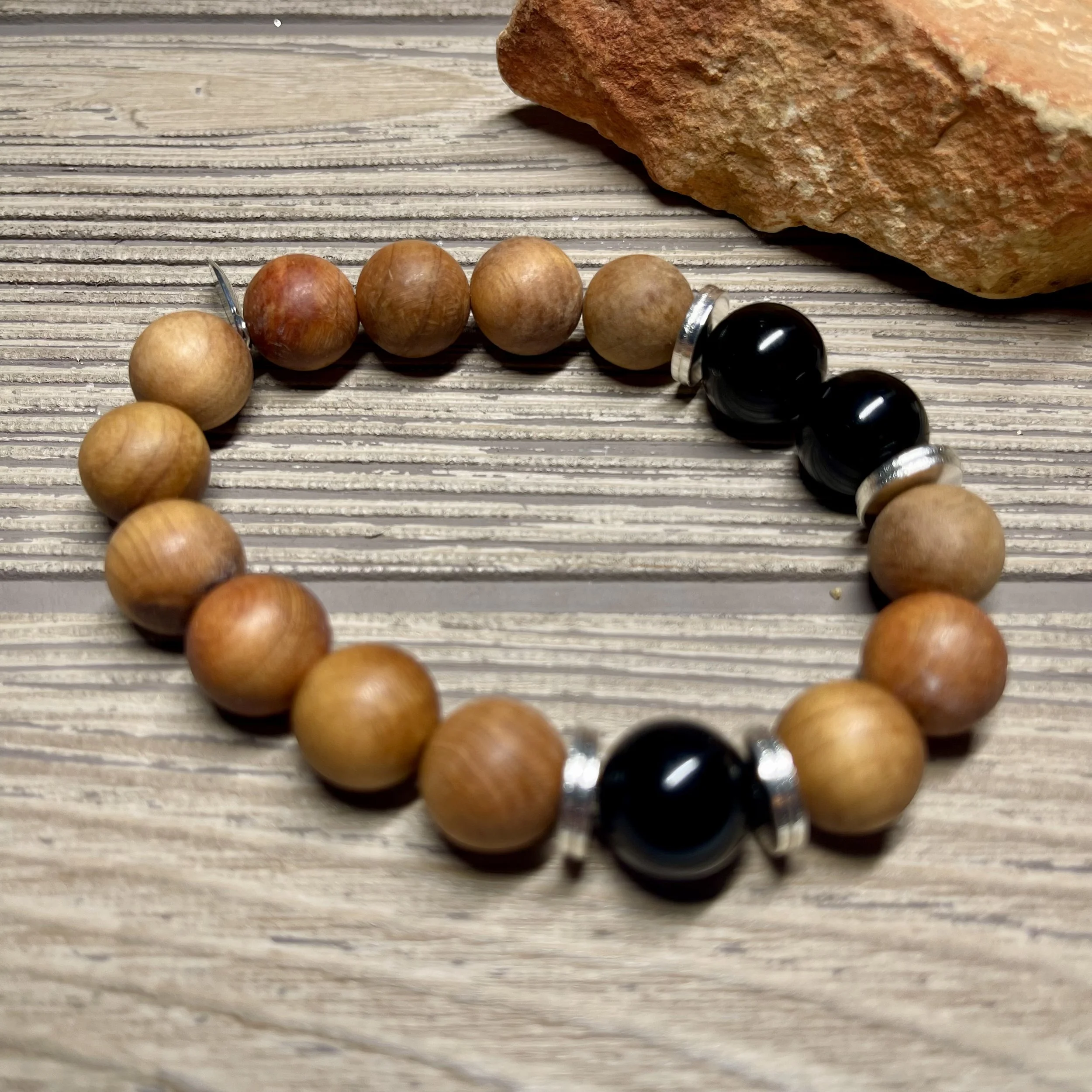 UNISEX - OOAK Natural Golden Sandlewood Beads and Black Onyx Gemstone Designer Bracelet