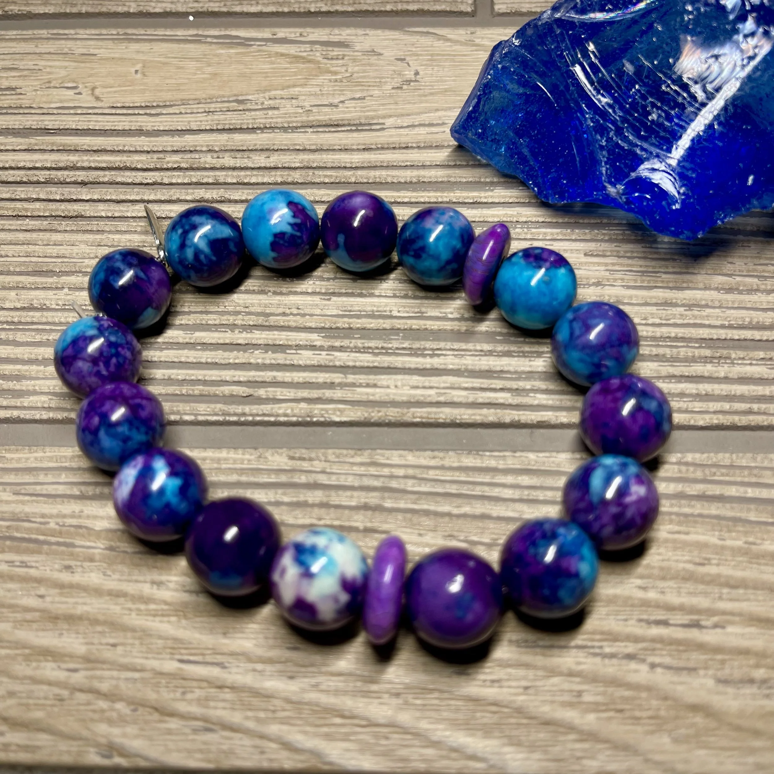 UNISEX - OOAK Grade AA Purple & Blue Rain Flower Jade and Purple Magnesite Gemstone Designer Bracelet