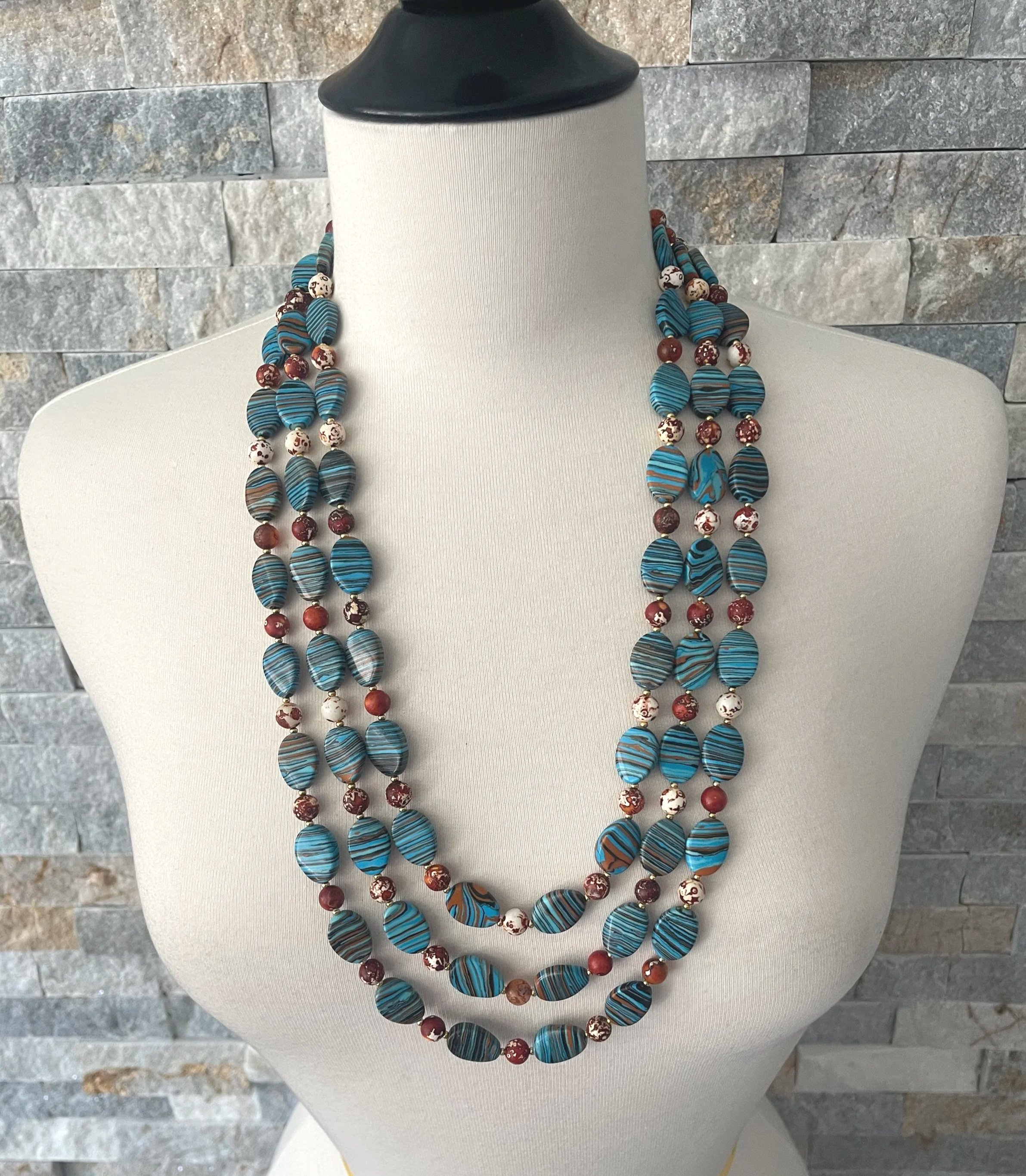 "DESERT CANYON" OOAK - Triple Strand Natural Blue Rainbow Calsilica, Brown Tibetan Gemstone Designer Necklace