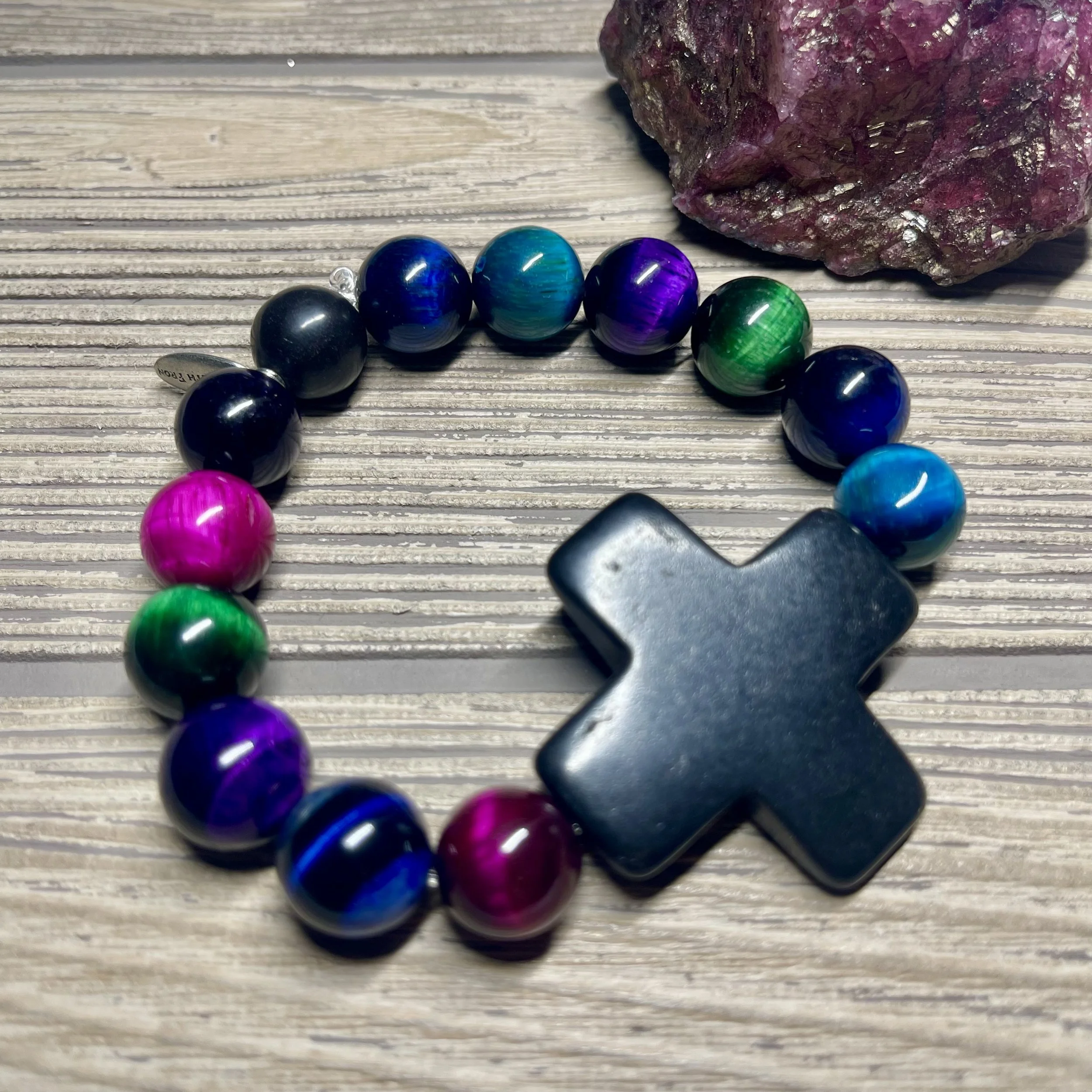 "THE CROSS" UNISEX - OOAK Genuine Multicolor Rainbow Grade AAA Tiger Eye Gemstone with Magnesite Cross Accent Designer Bracelet