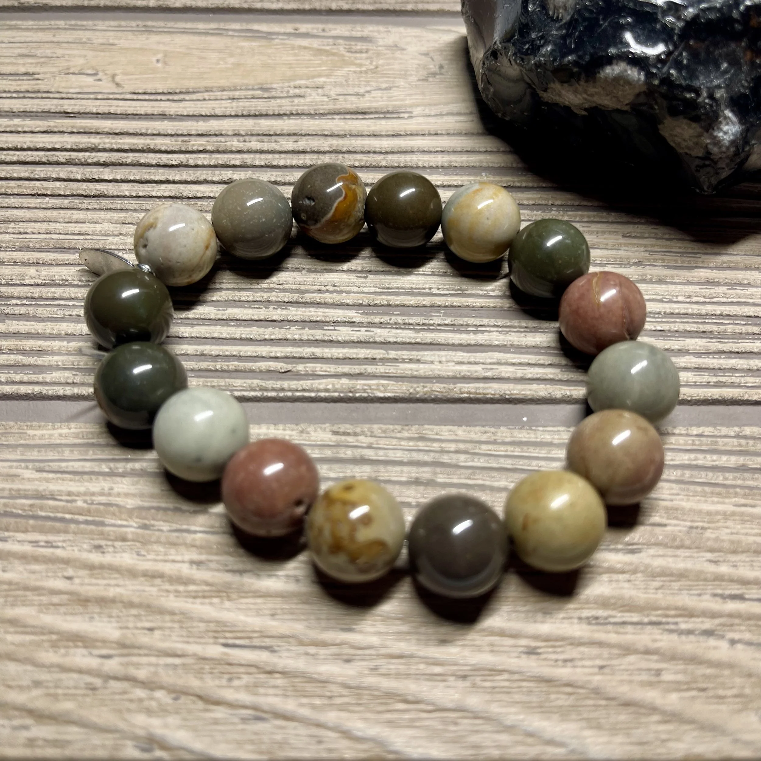 UNISEX - OOAK Genuine Natural Smooth Round Polychrome Jasper Grade AAA Gemstone Designer Bracelet