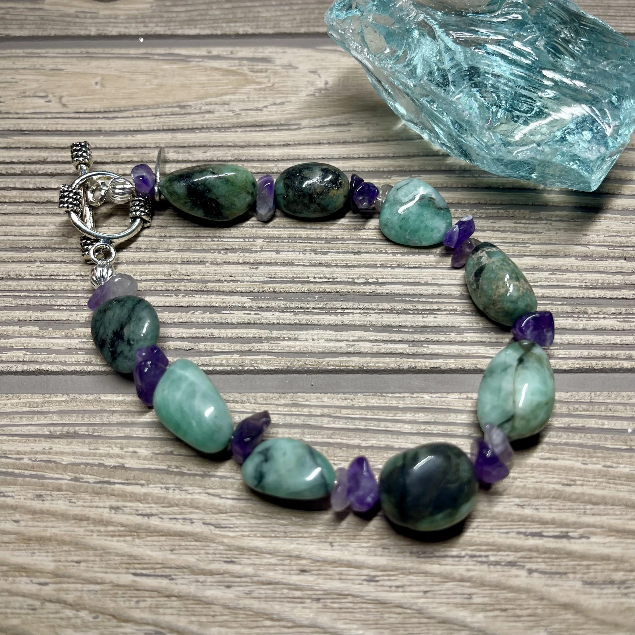 "AFRICAN VIOLET" OOAK - Genuine Natural Smooth Agate and Amethyst Grade AAA size 8 1/2 to 9 inch Gemstone Designer Bracelet