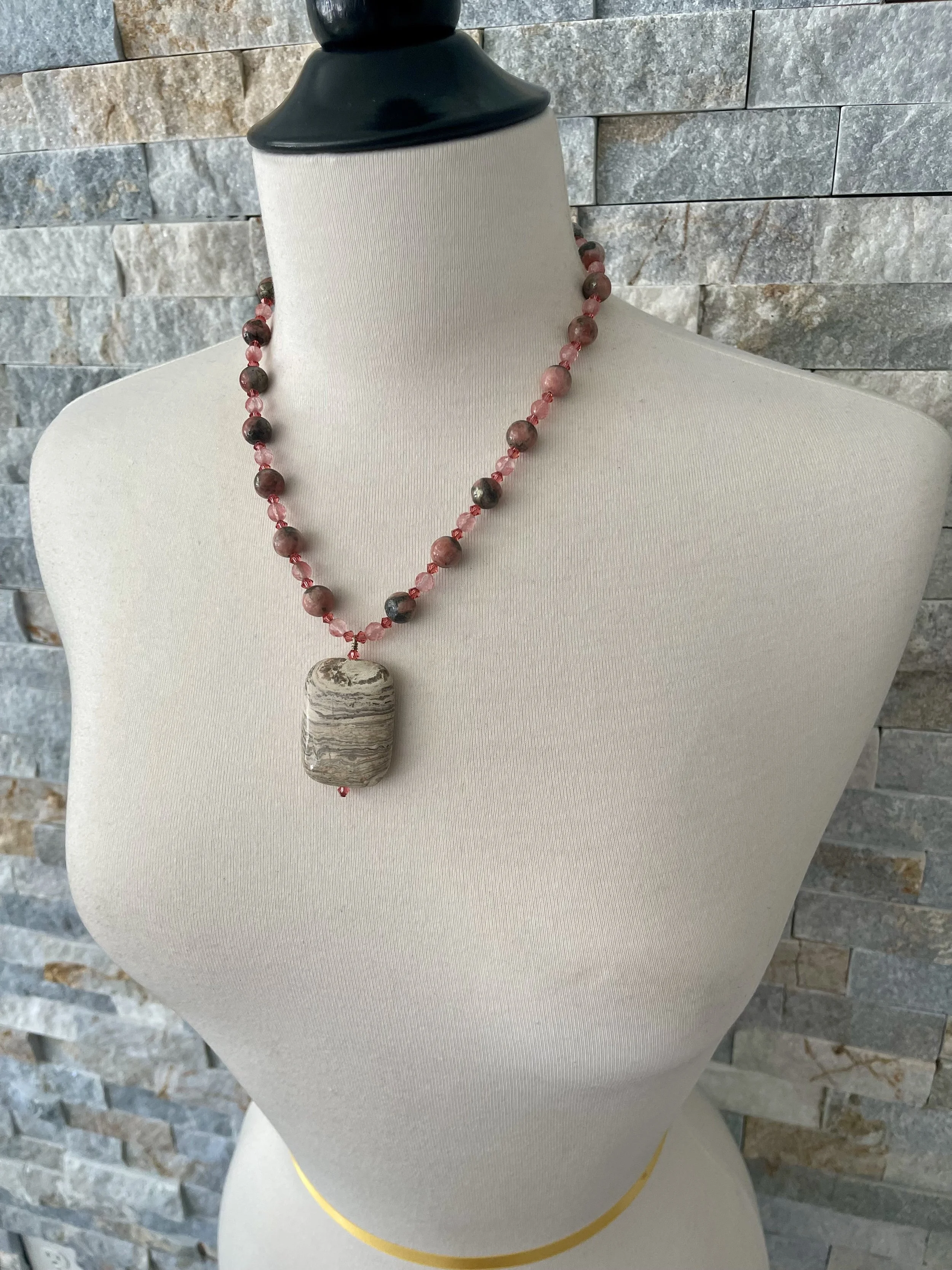 "PINK LEMONADE" OOAK Very Pretty Genuine Rhodonite Gemstone, Strawberry Quartz and Swarovski Crystal Designer Necklace.