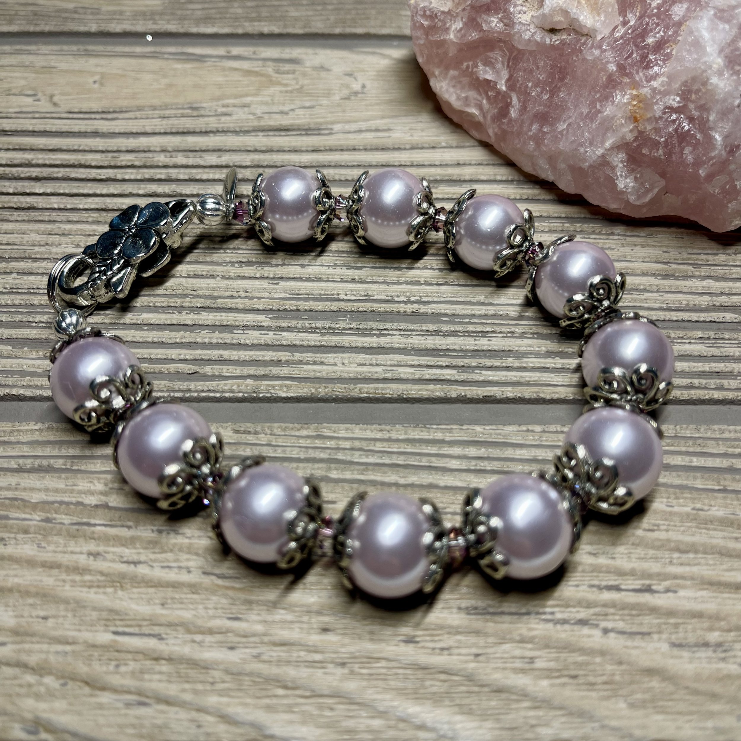 "ELEGANCE" OOAK - Gorgeous Soft Lavender Glass Pearl with Silver Tone Flower Bead Caps, Swarovski Crystal, Size 8 1/2 inch Designer Bracelet