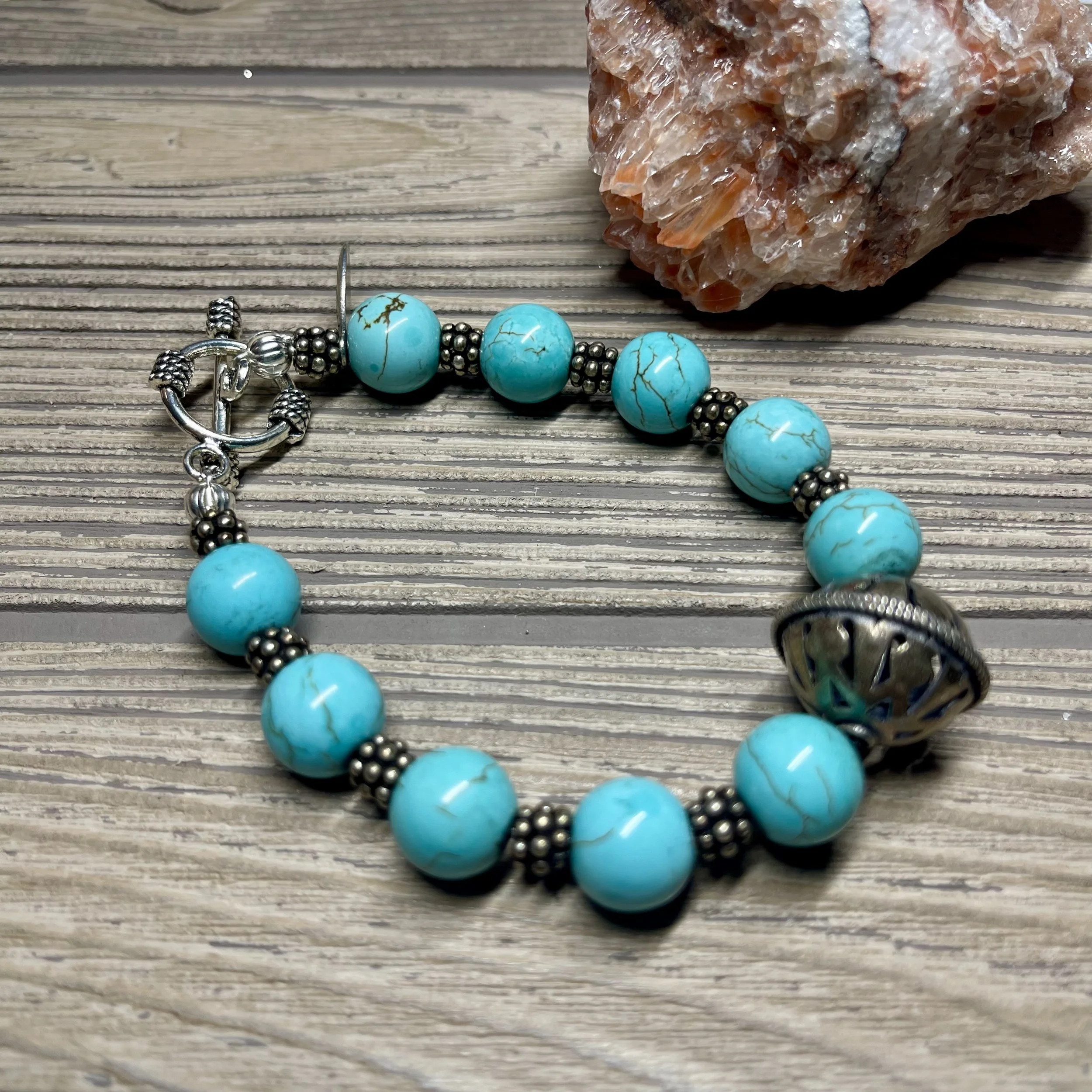 "BALI" OOAK - Genuine Natural Smooth Turquoise and Bali Style Bead Grade AAA  7 1/2 inch Gemstone Designer Bracelet