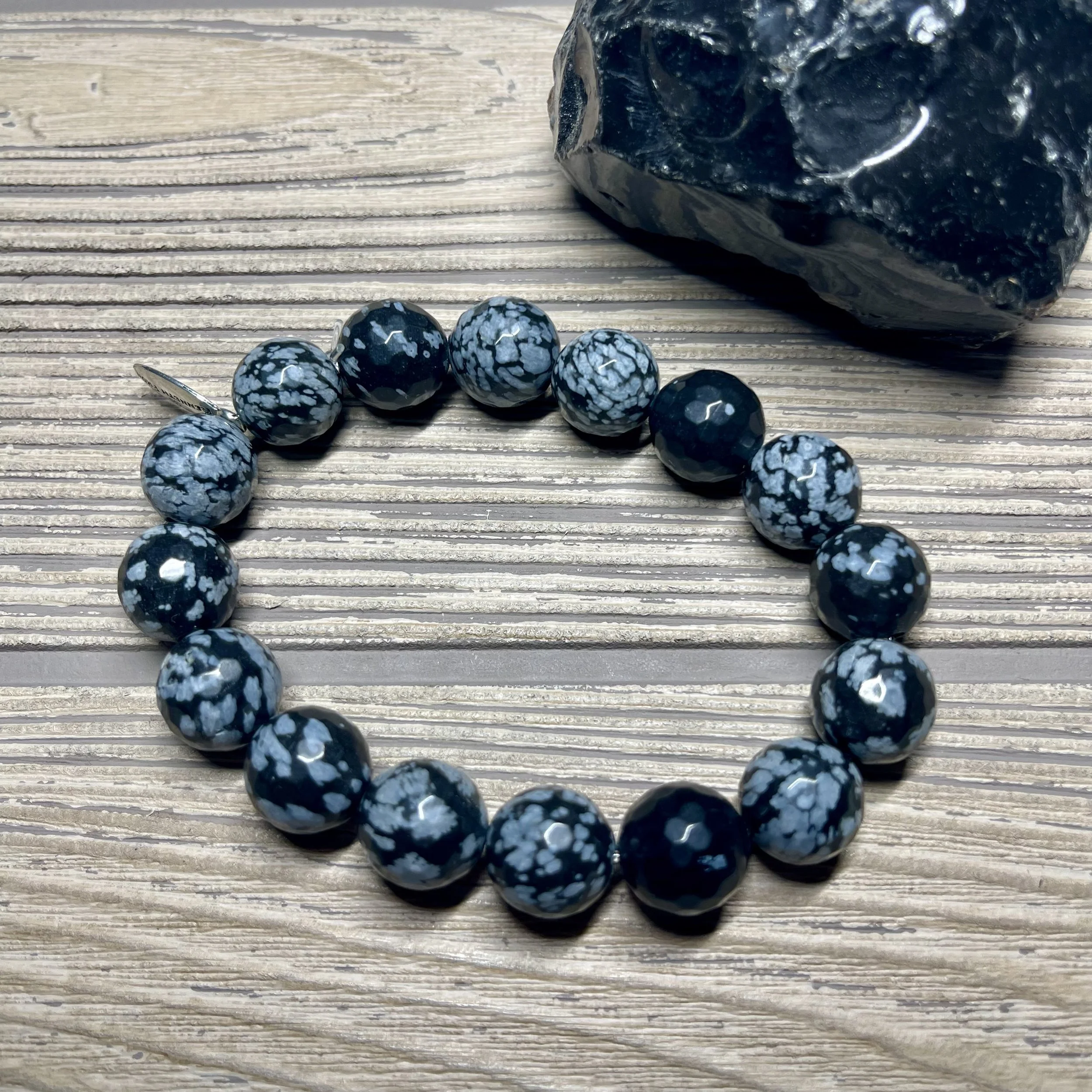 UNISEX - Natural Snowflake Obsidian Grade AAA Micro-faceted Gemstone Designer Bracelet
