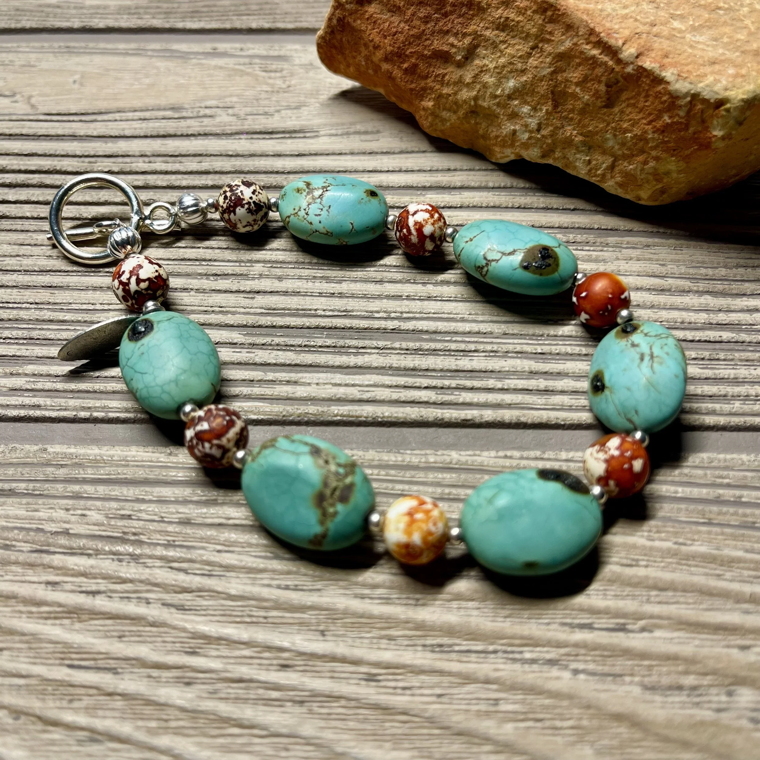 "SEDONA SKY" OOAK - Genuine Turquoise and Beige Orange Brown Tibetan Gemstone Designer Bracelet