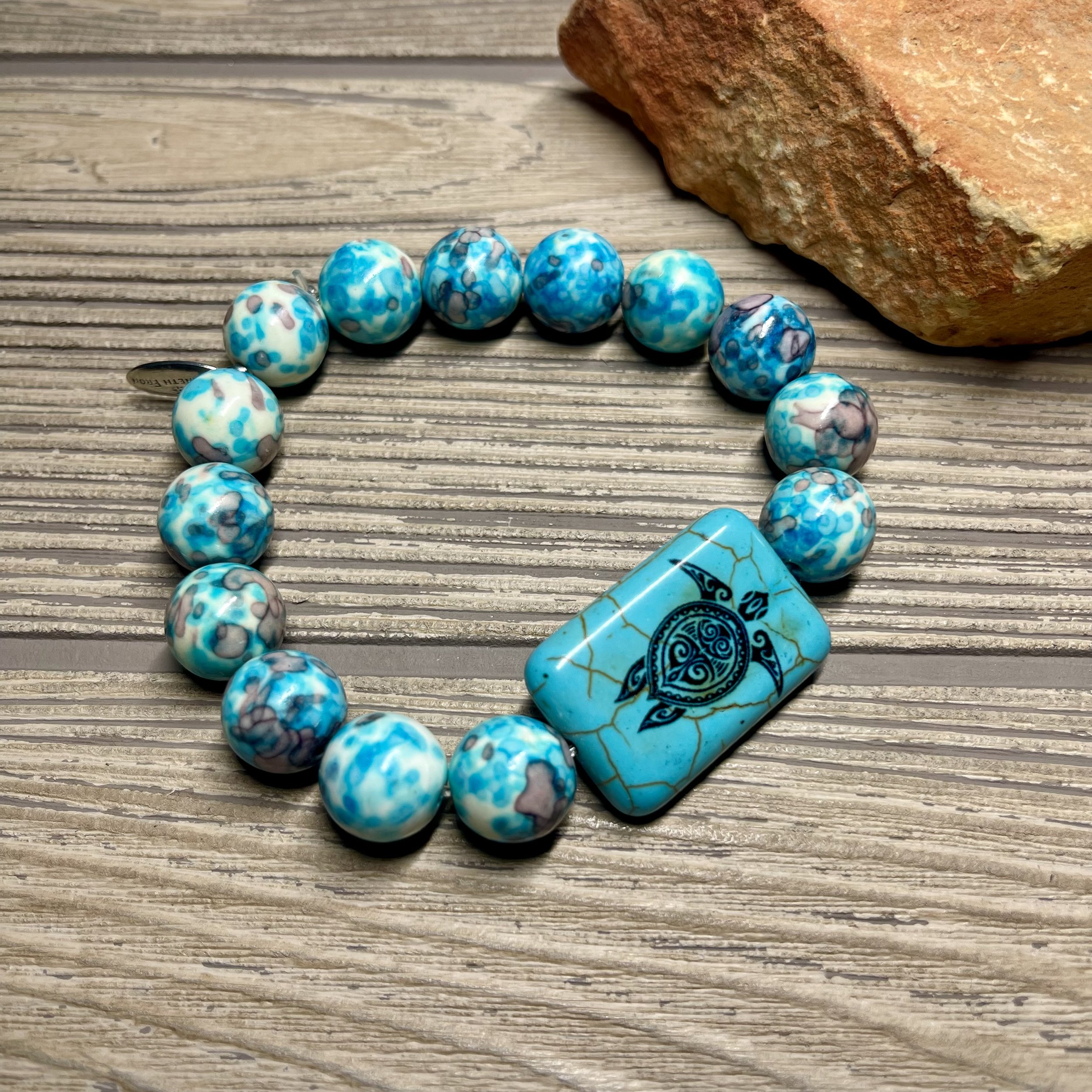 "SUMMER SEA TURTLE" UNISEX - OOAK Blue Ceramic Gemstone and Turtle Print Accent Stone Designer Bracelet