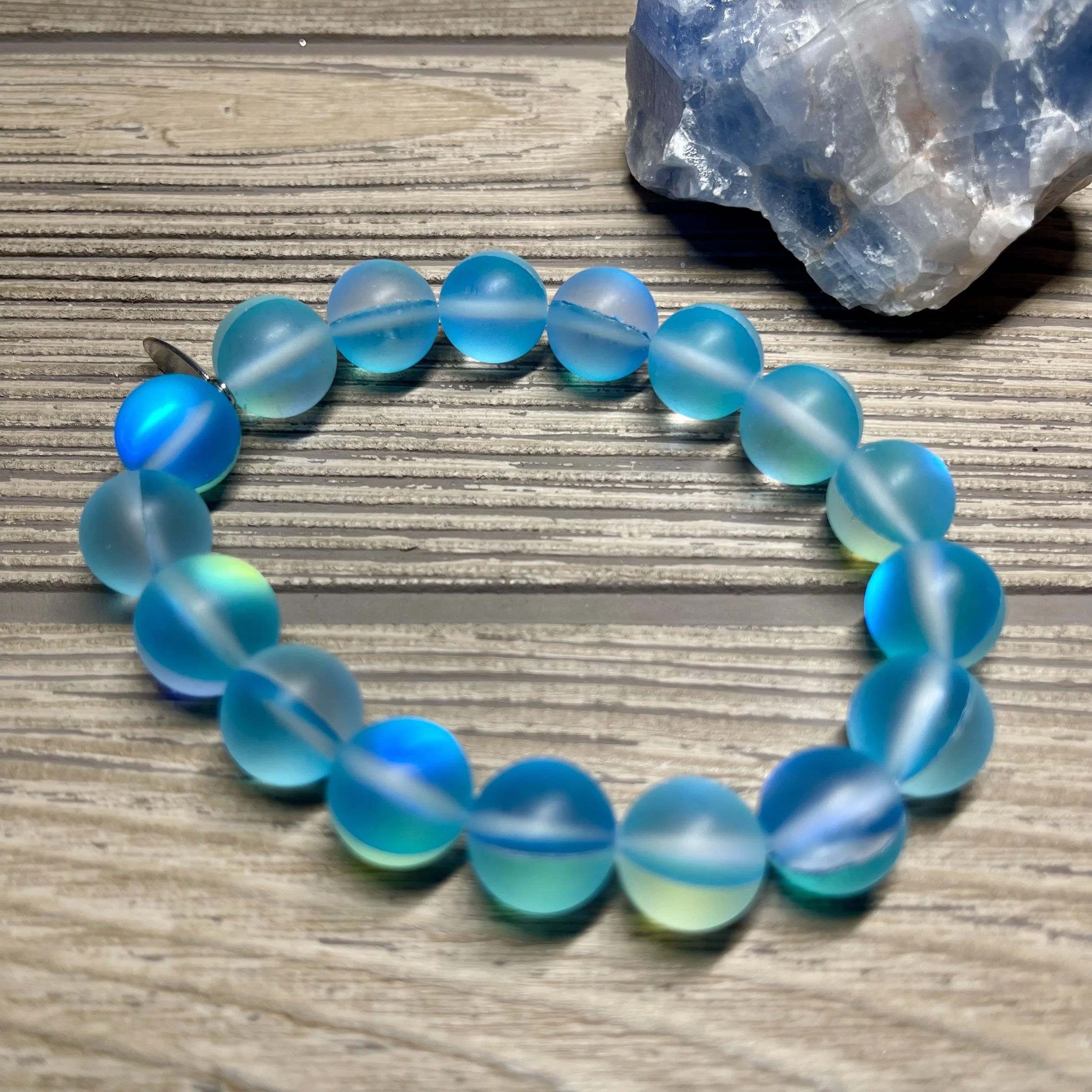 OOAK - Matte Blue Mystic Aura Round Frosted Mermaid Glass Bead Designer Bracelet
