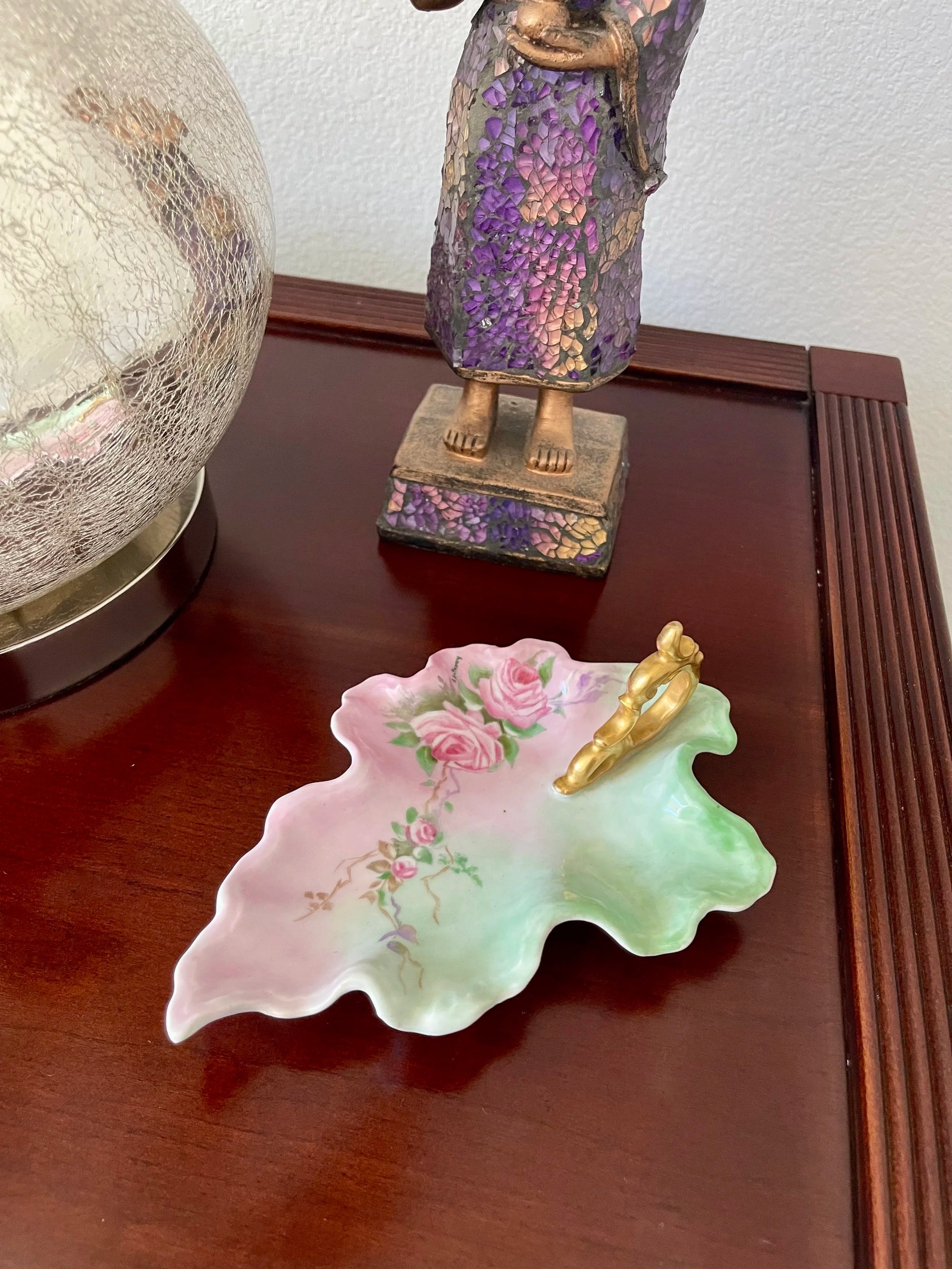 TREASURE CHEST: Antique Signed 1891-1921 Noritake Floral Rose Porcelain Leaf Trinket Dish w/ Gold Bamboo-style Handle