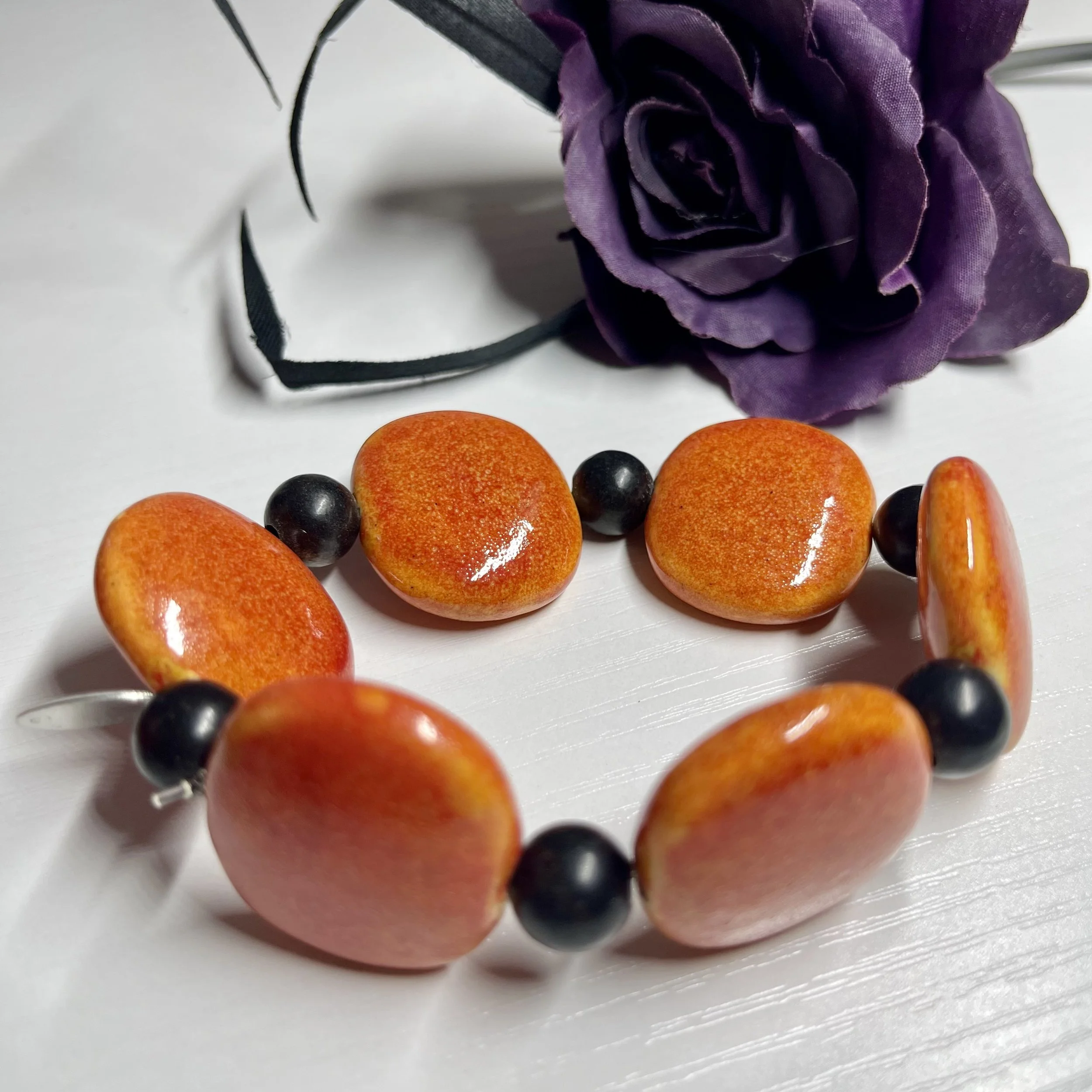 "FALL BEAUTY" Gorgeous Ceramic Bead and Black Jasper Gemstone Beaded Halloween Bracelet No. 9