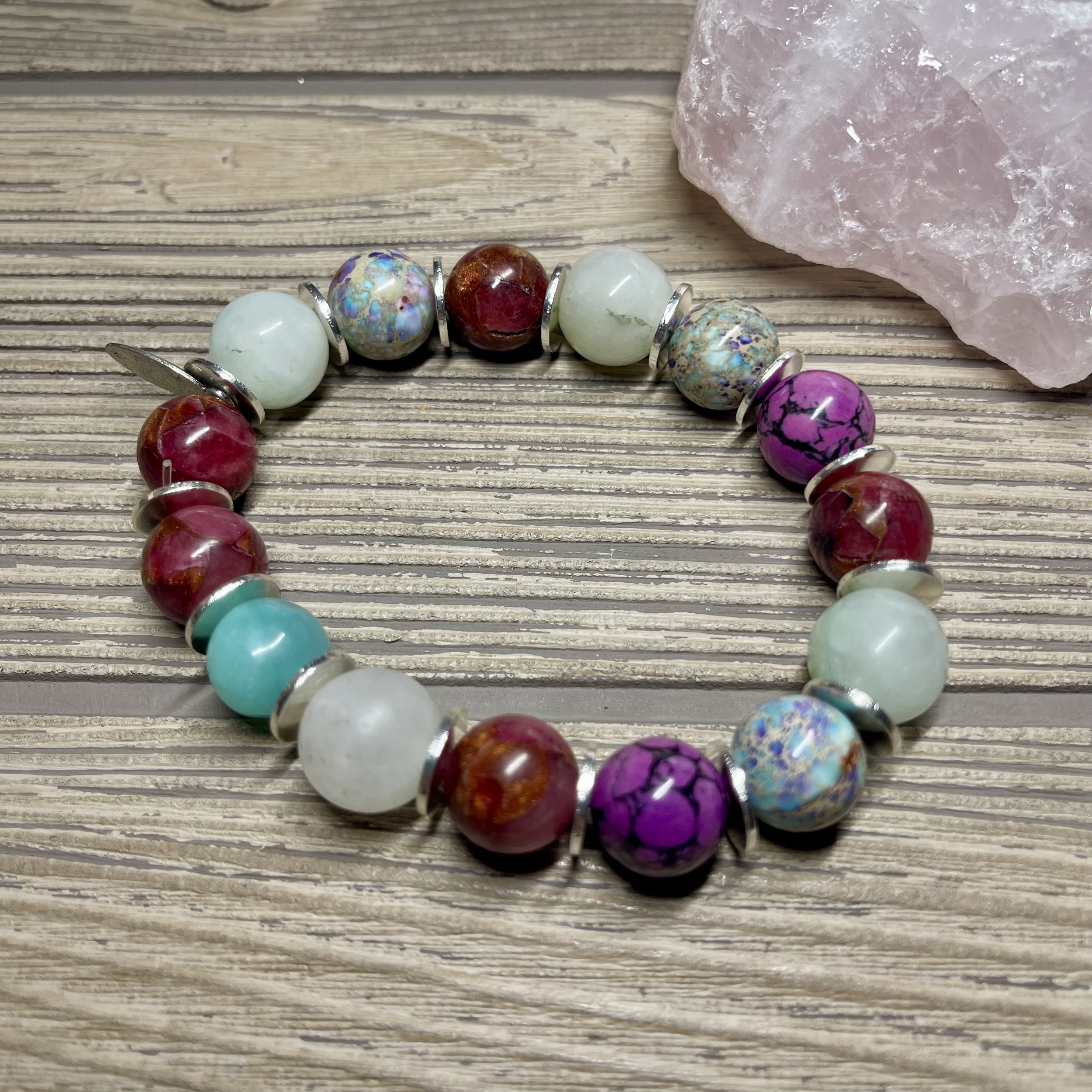 UNISEX - OOAK Genuine Natural Malay Jade, Pink Turquoise, Red Sandstone, Sea Sediment Grade AAA Gemstone Designer Bracelet