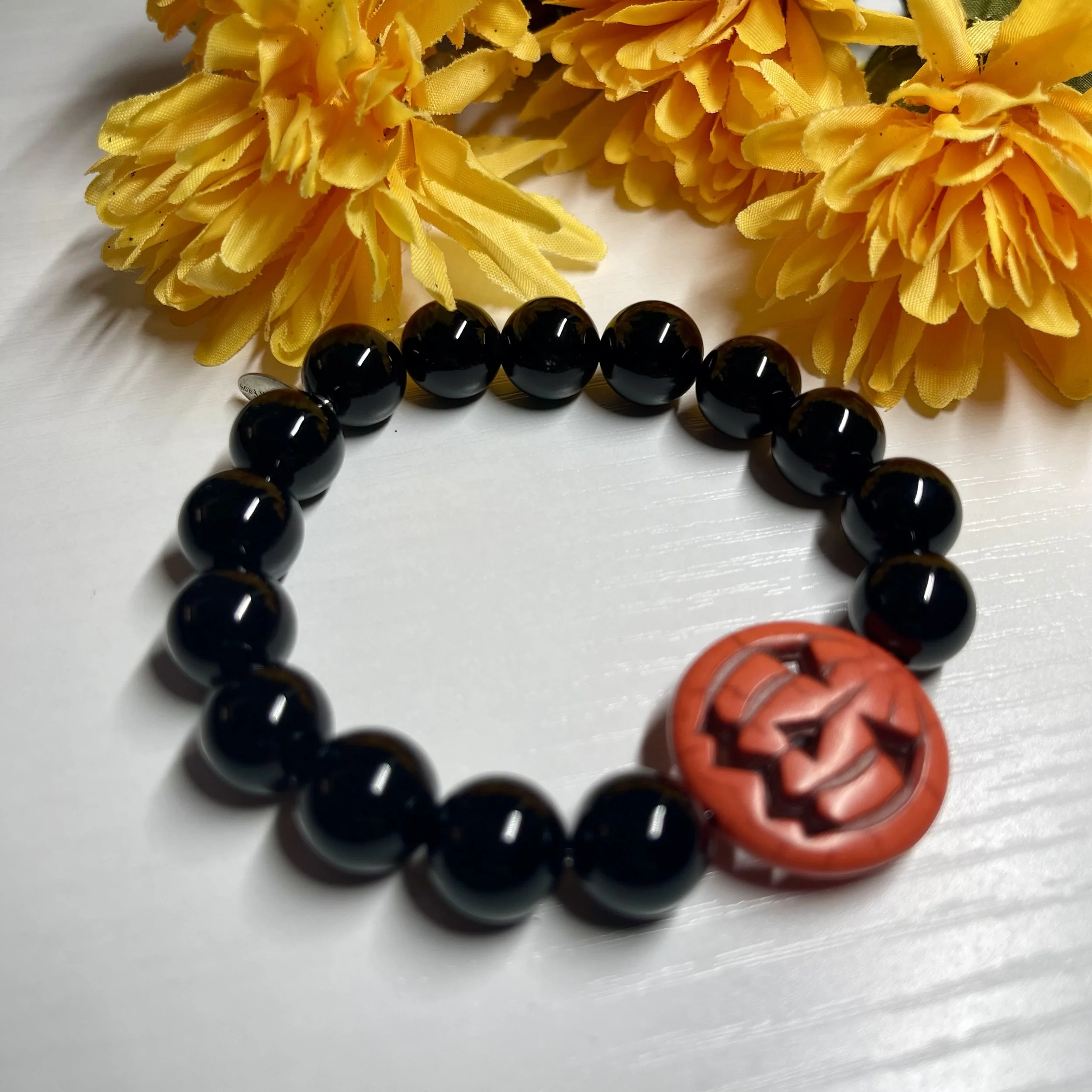 "CLASSIC HALLOWEEN" UNISEX Festive Genuine Black Agate Gemstone with Jack o' Lantern Halloween Bracelet No. 13