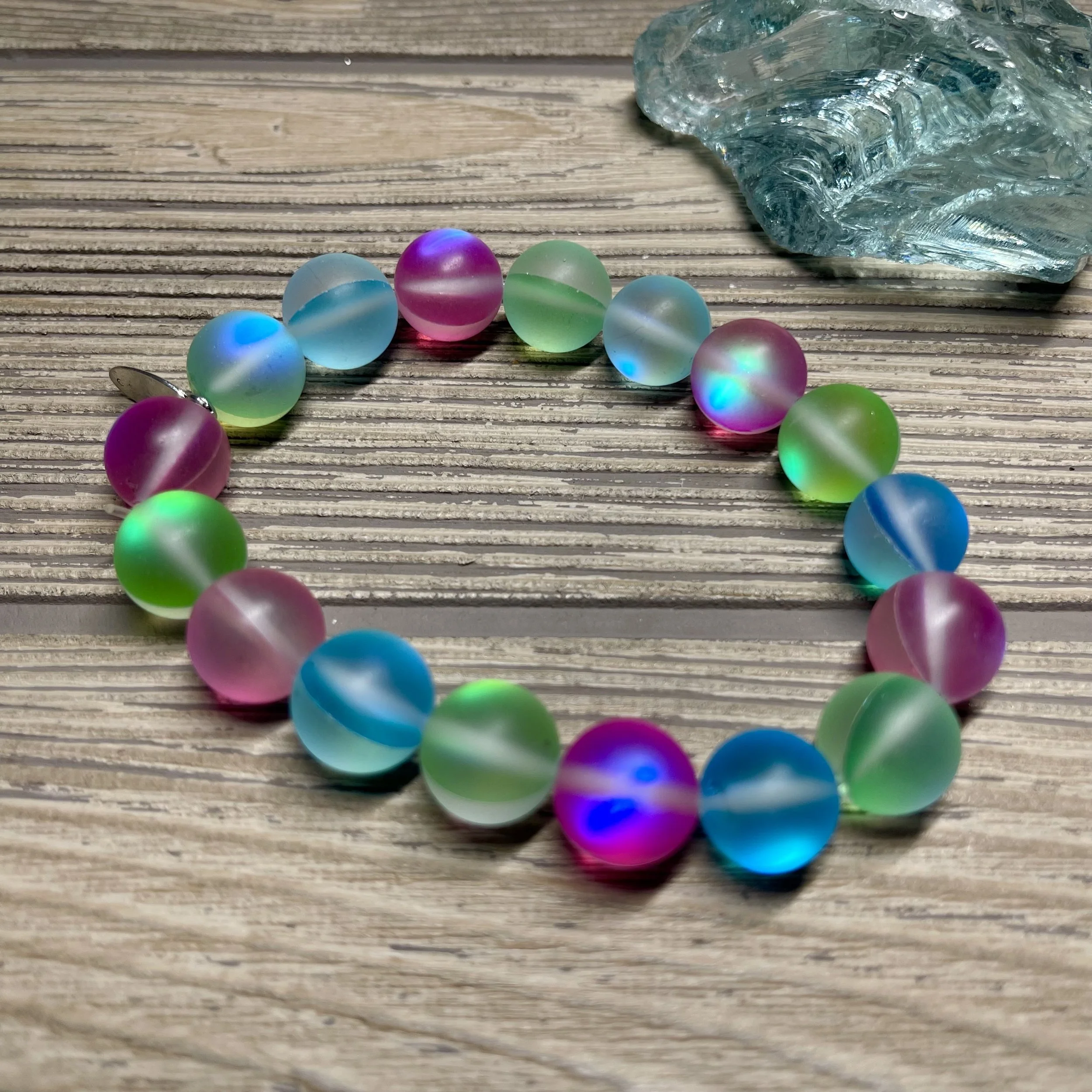 OOAK - Matte Multi-color Mystic Aura Round Frosted Mermaid Glass Bead Designer Bracelet