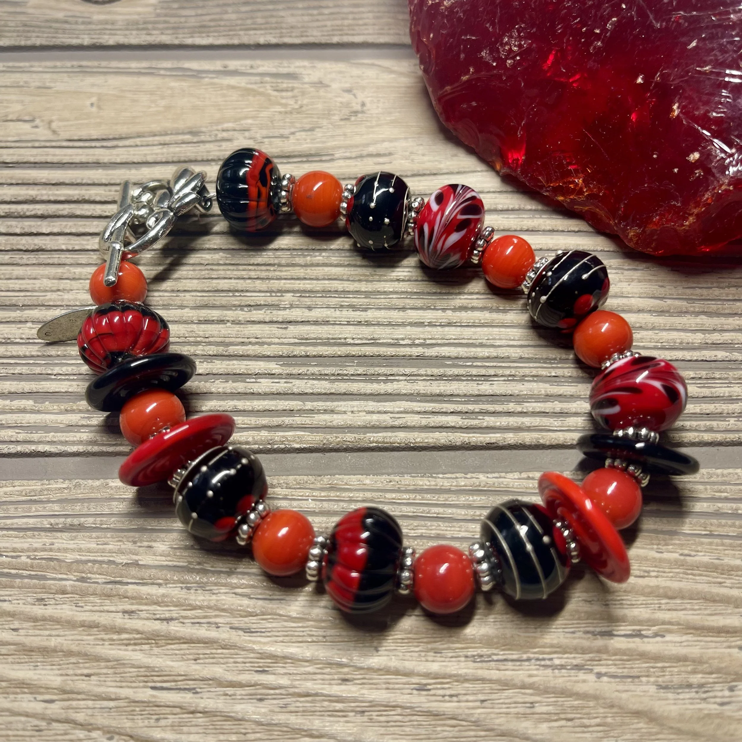 "LADYBUG" - OOAK Artist Handmade Lampwork Glass and Red Coral Gemstone 8 to 8 1/2 inch Designer Bracelet
