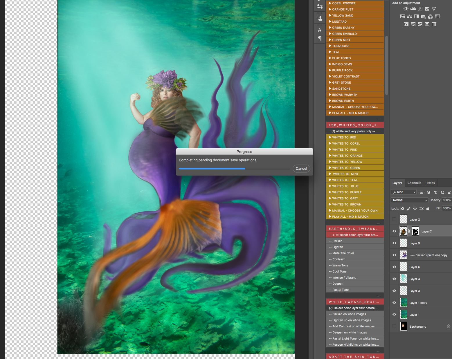 I started to add in several more layers of the fishes tail…this is when the iMac started to get really slow-but I couldn’t flatten the image as I knew that there was a lot more work to be done behind and in front of the subject to blend her into the scene.
