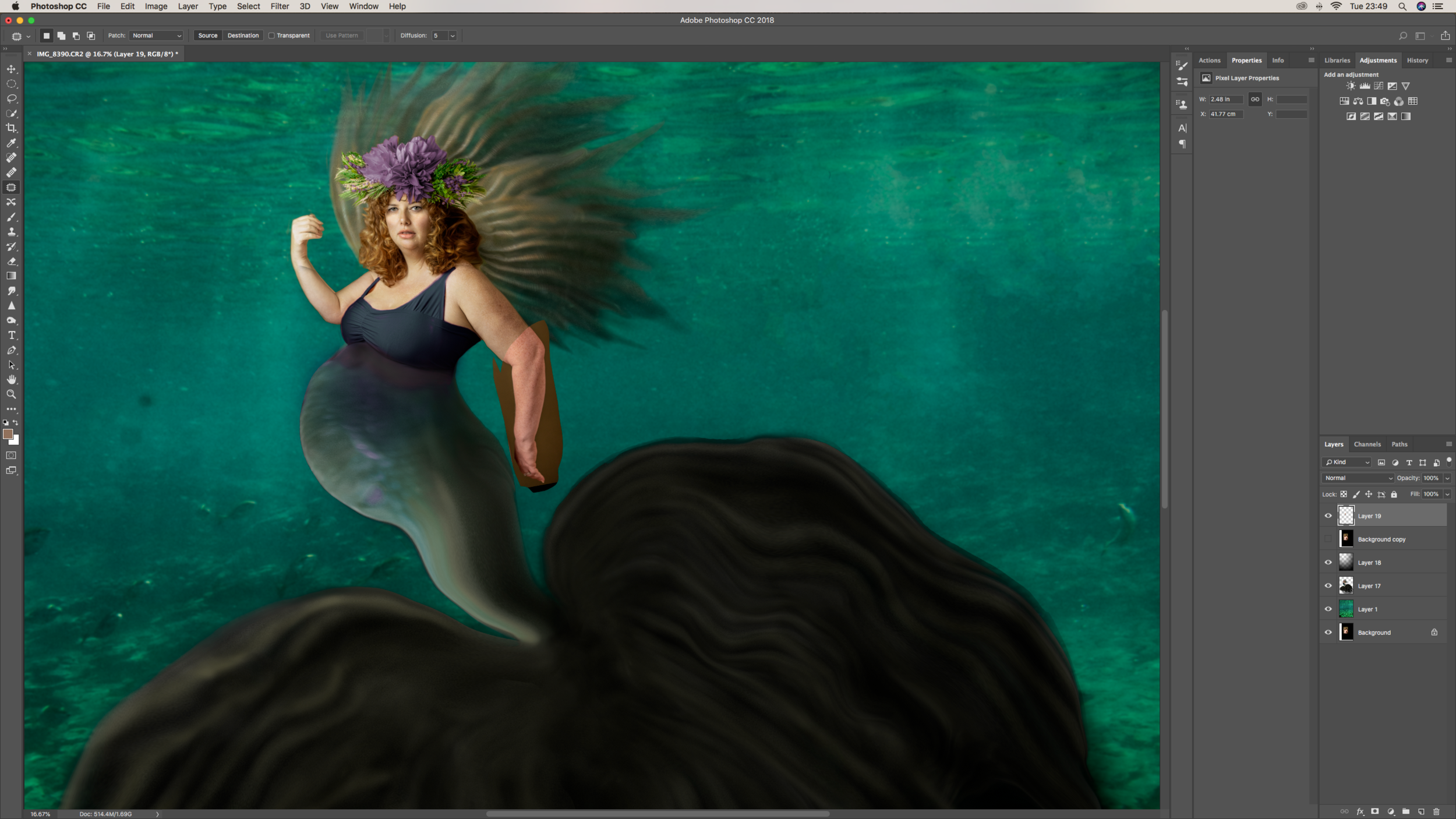 After adding in plenty of fish tails and blending them together with liquify, puppet warp and free transform, I experimented with changing the colours of the tail to match the halo of fins behind the models back.