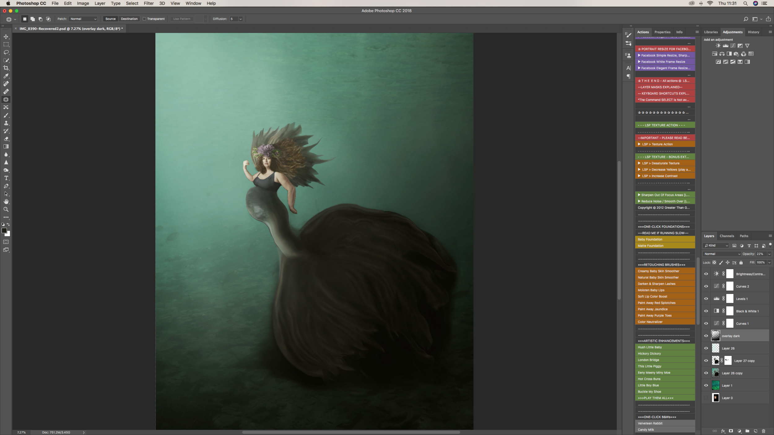 I then changed the grading of the image using several curves, levels and a black and white semi opaque layer.