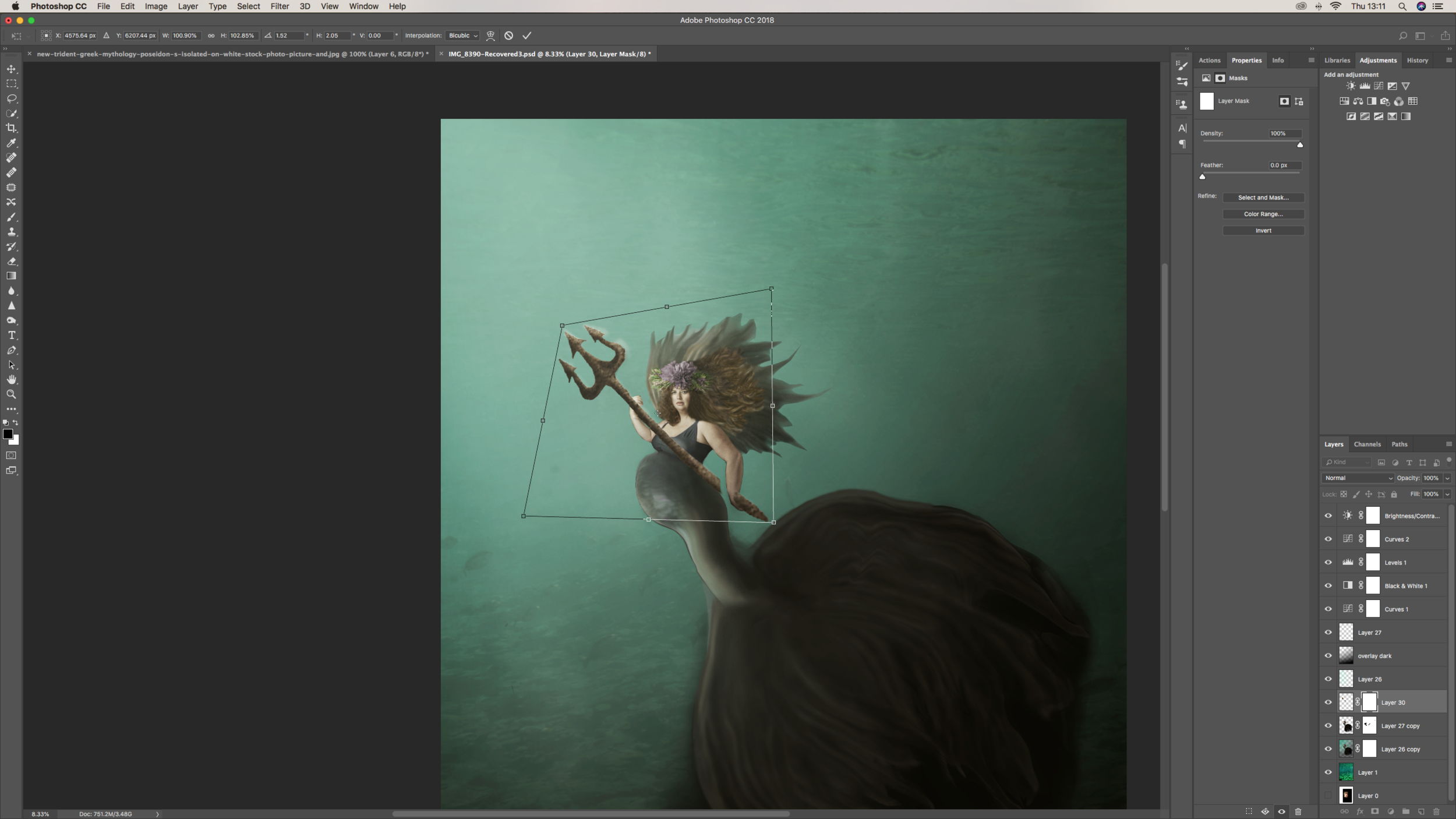 I then made a trident using a stock image as a template for the shape, then drew it using shading and a texture and set it to place using the free transform tool.