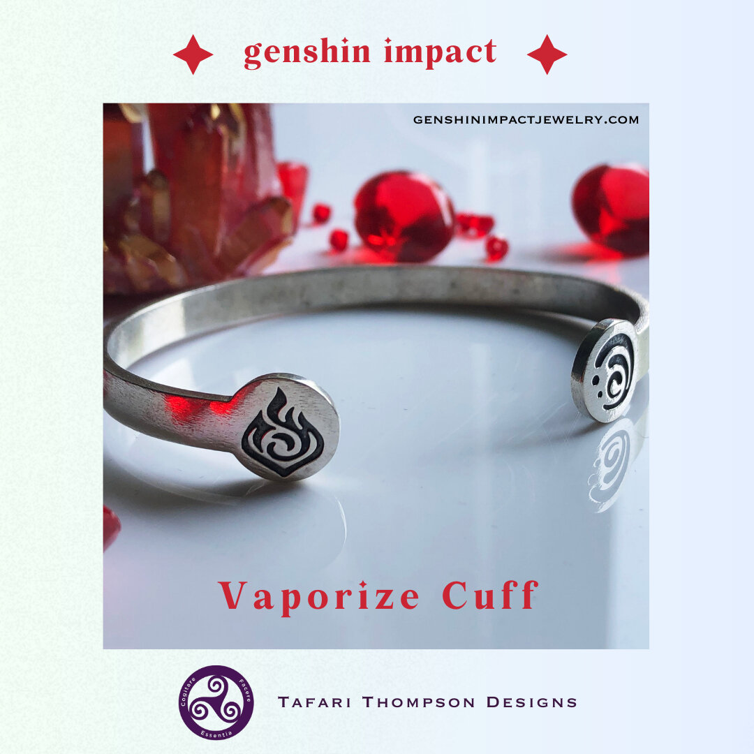 NOW AVAILABLE! The Vaporize Cuff is from the premium Genshin Impact &quot;Visions&quot; jewelry line for men and women. Crafted in silver, these high-quality pieces represent the power of Genshin's elements and their reactions. Visit GenshinImpactJew