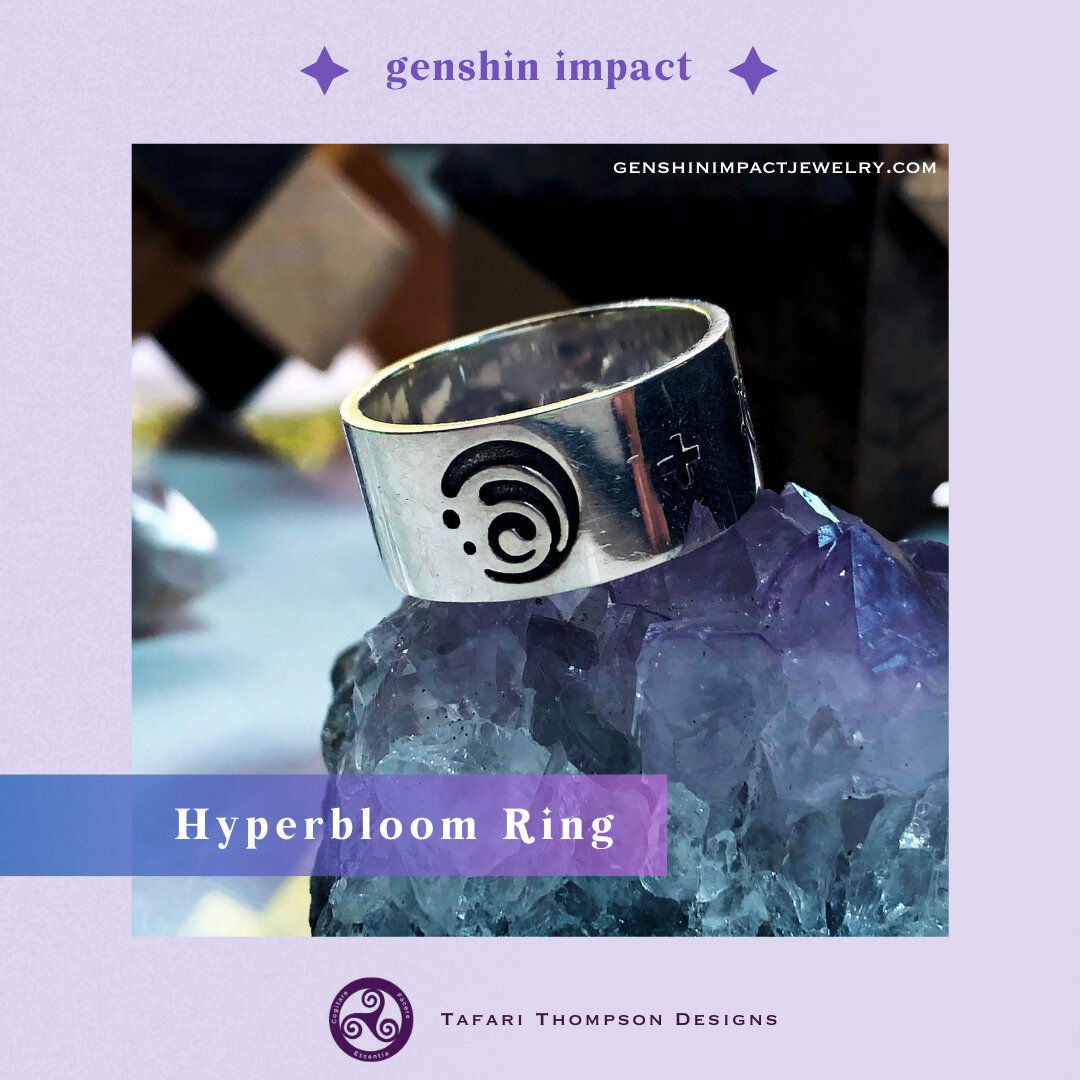 The Hyperbloom Power Ring is NOW AVAILABLE! The premium Genshin Impact &quot;Visions&quot; jewelry line for men and women is here. Crafted in silver, these high-quality pieces represent the power of Genshin's elements and their reactions. Visit Gensh