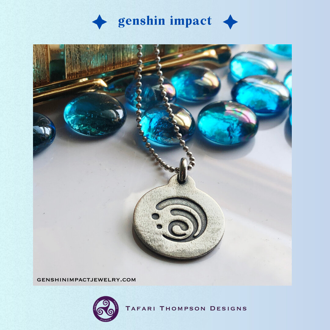 NOW AVAILABLE! Hydro Pendants from the premium Genshin Impact &quot;Visions&quot; jewelry line for men and women. Crafted in silver, these high-quality pieces represent the power of Genshin's elements and their reactions. Visit GenshinImpactJewelry.c