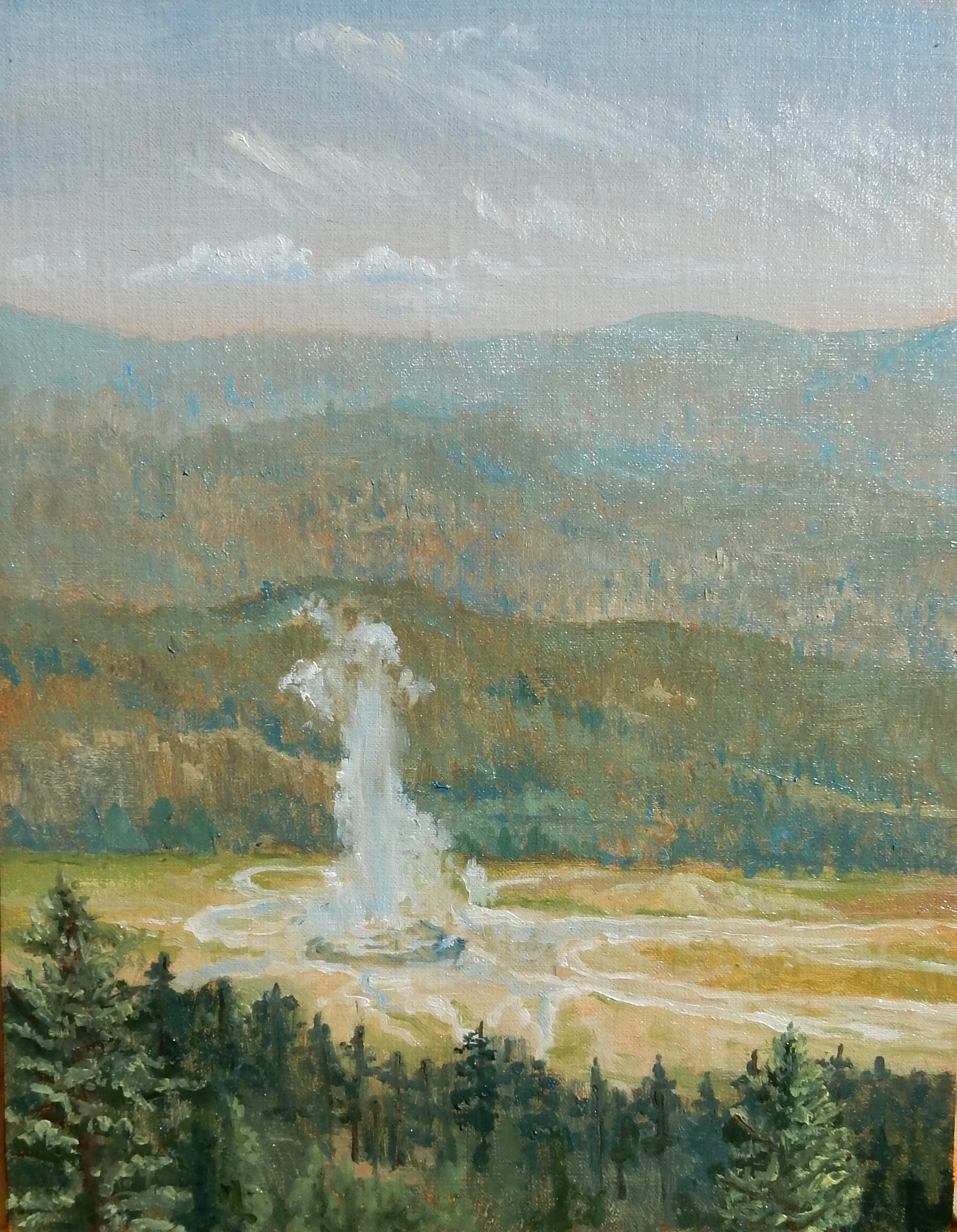 Old Faithful on Fourth of July, Yellowstone National Park, WY , 2015 oil on linen 10" x 8" Inspired by Thomas Moran