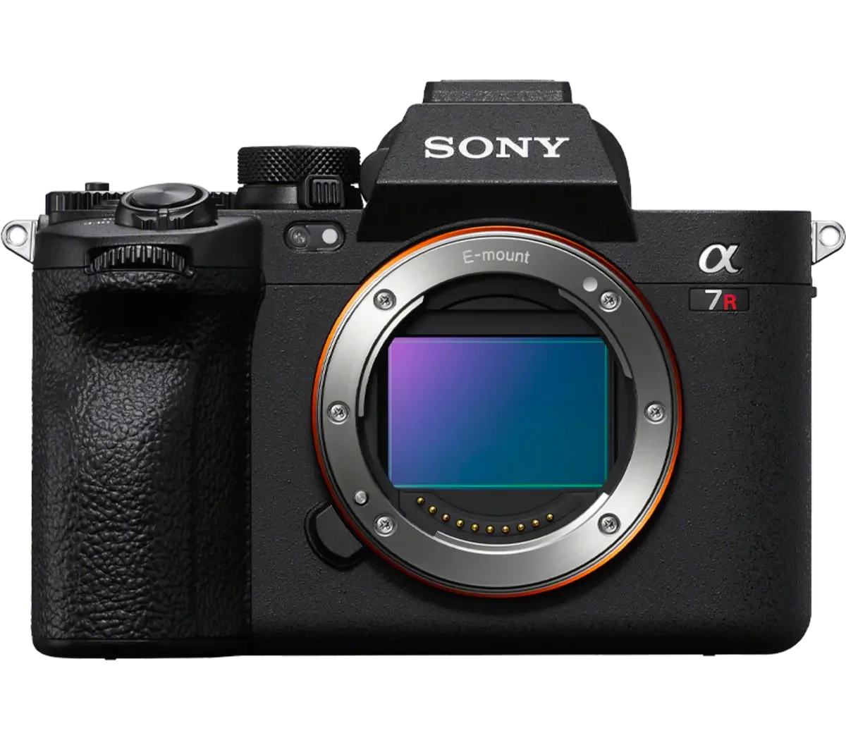 A black Sony mirrorless camera with a large sensor and a silver lens mount, but no lens attached, displaying a sensor.