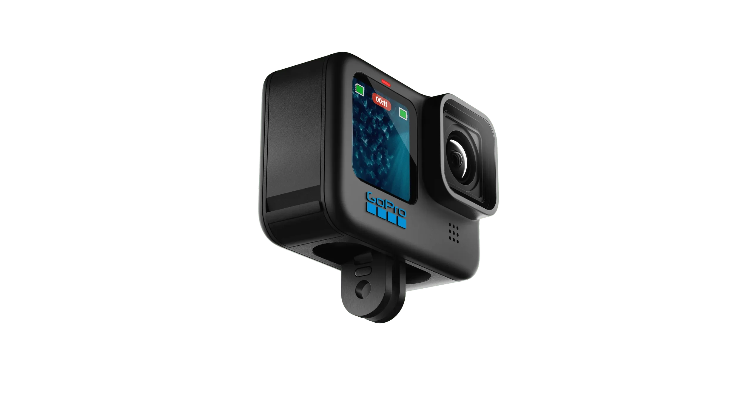 A black GoPro HERO camera with a built-in screen, mounted on a small adjustable bracket.