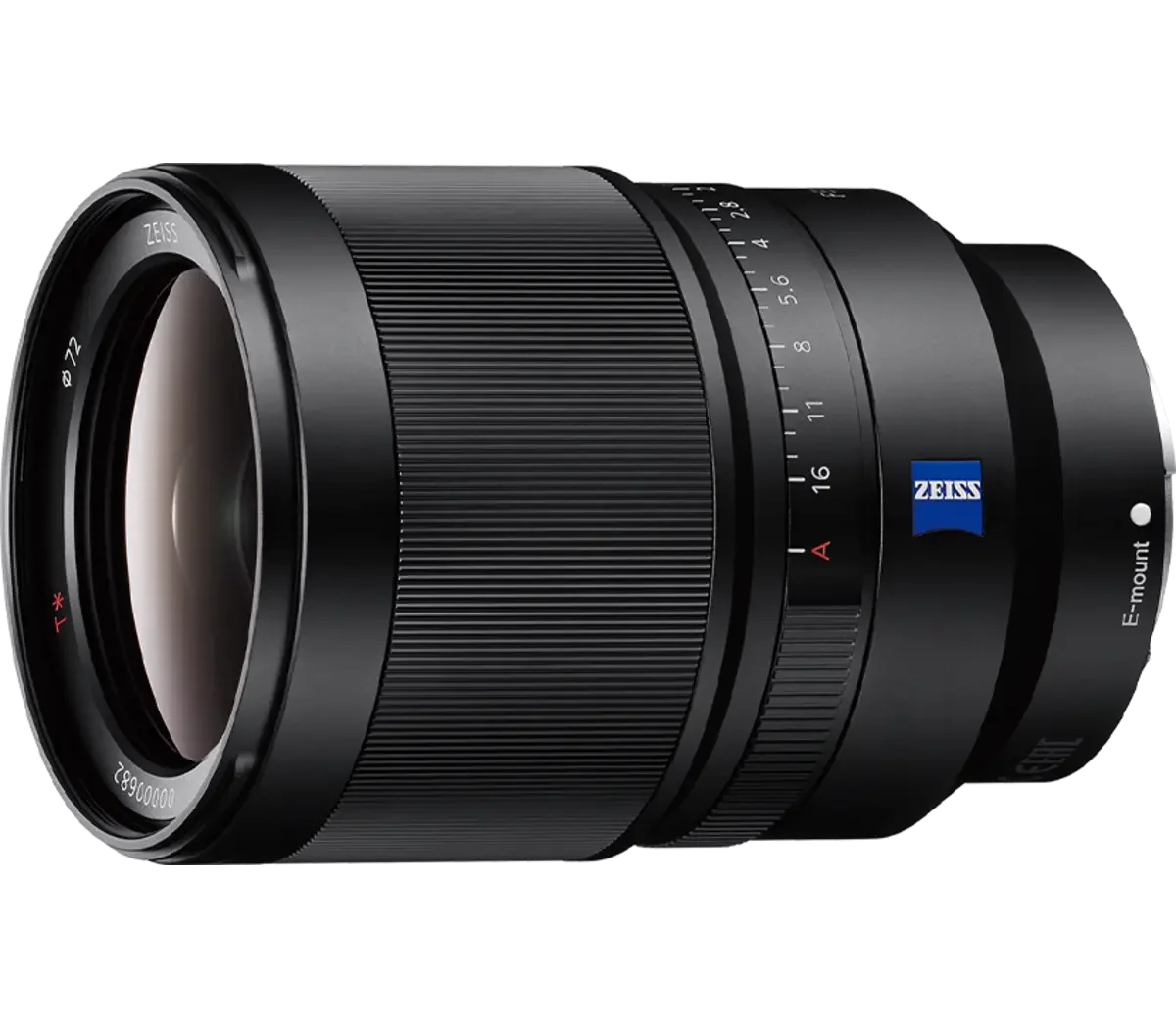 A zoom lens camera with a black barrel, focusing rings, and a Zeiss logo on the side.