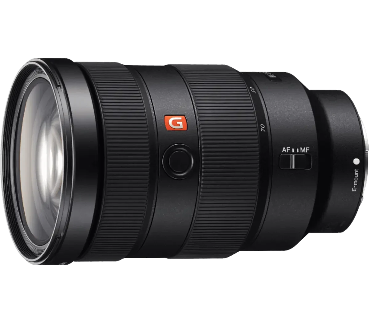 A black camera lens with a red and white 'G' logo, focusing rings, and electronic mount features.
