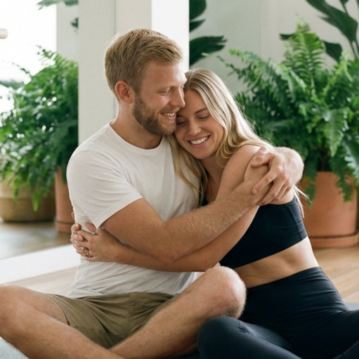 A happy couple hugging and smiling inside a bright, green-filled room.
