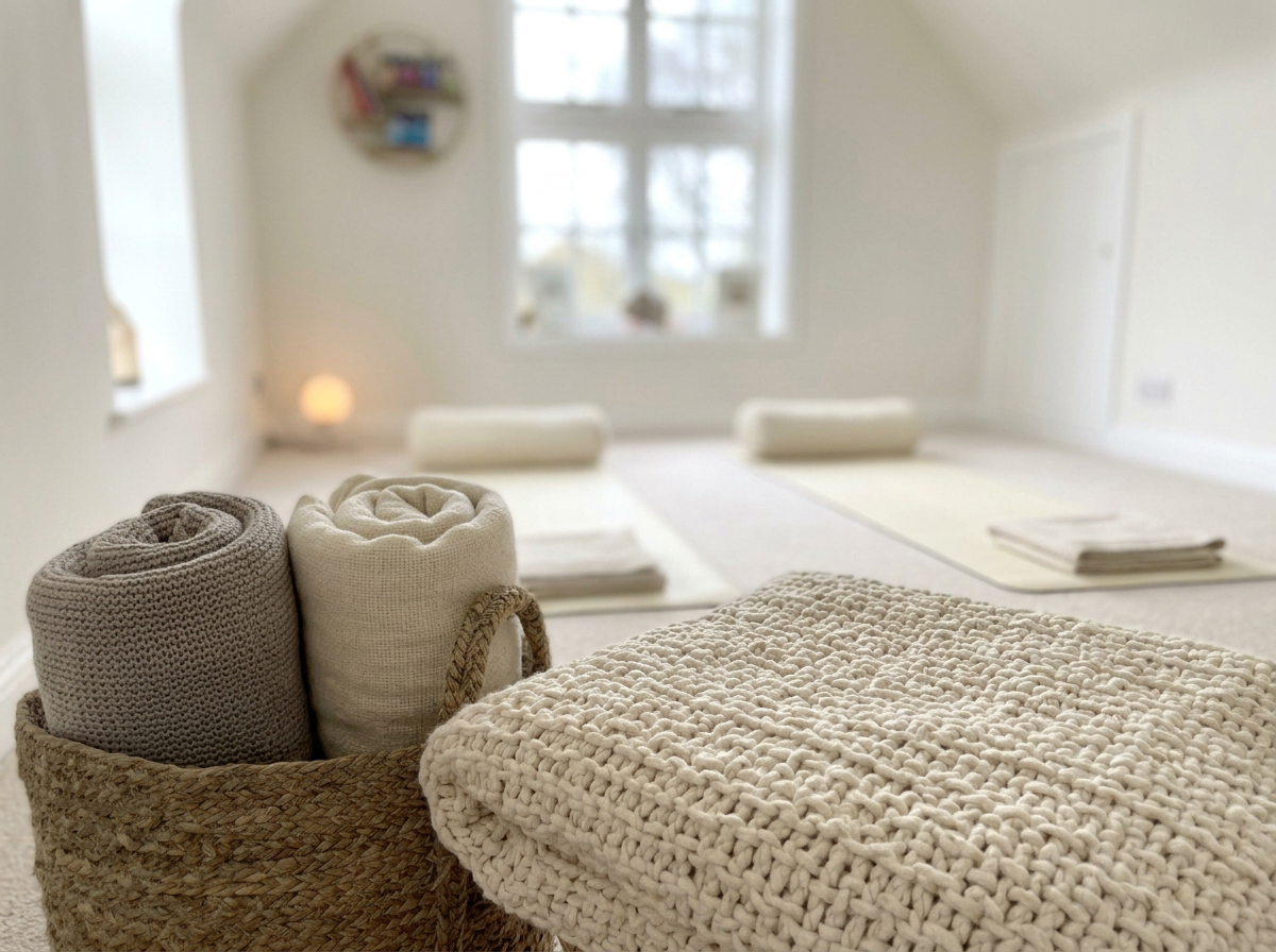 A cozy yoga or meditation room with neatly folded towels and blankets in a woven basket, two rolled towels for support on the floor, and a soft, textured blanket in the foreground. The room has large windows and a minimalist, calming decor.