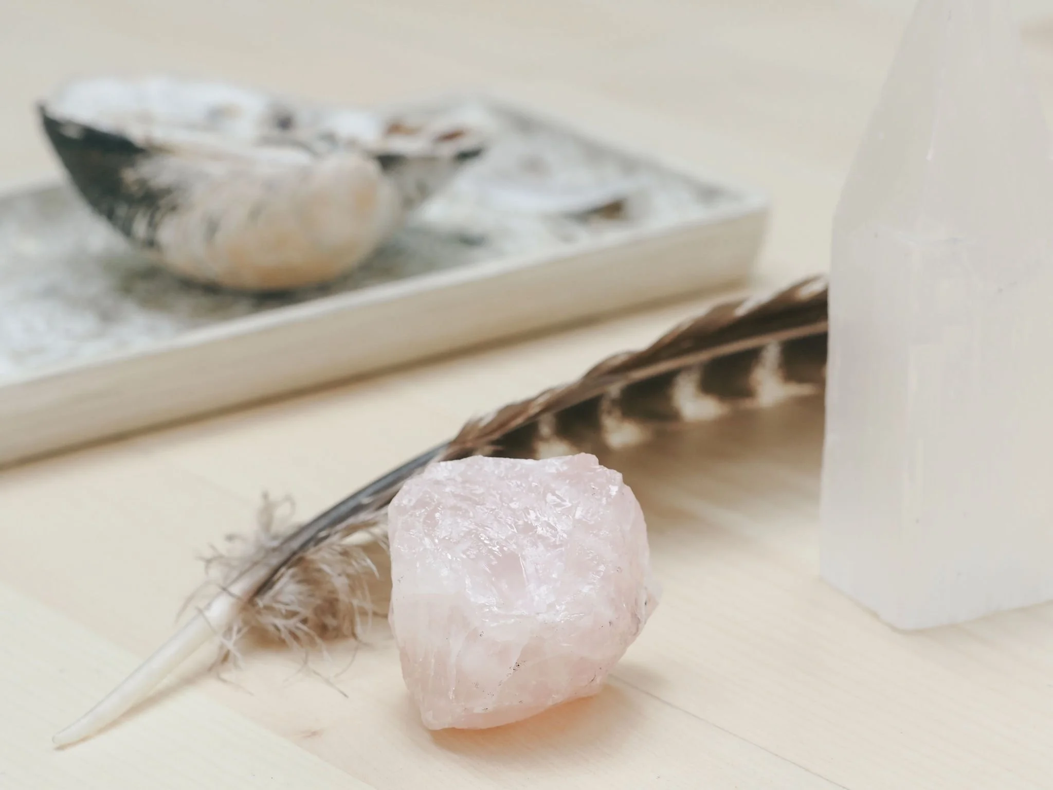 A pink Himalayan salt rock and a white mineral rock on a white surface with a white twig in the foreground.