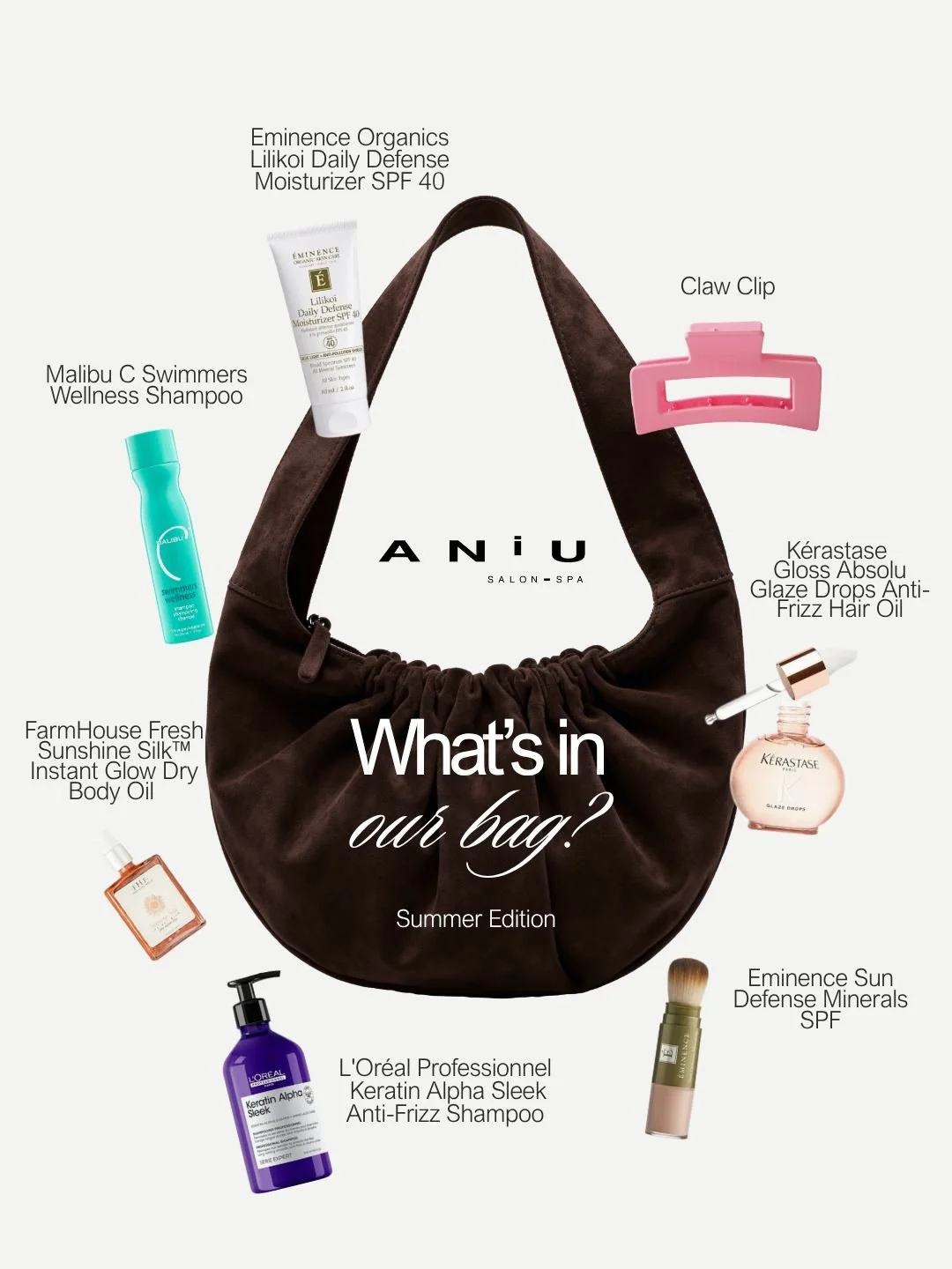Our summer essentials, all in one bag ☀️
ㅤ
From SPF and glow-boosting skincare to anti-frizz haircare favorites, these are the products we&rsquo;re reaching for all season long
ㅤ
Shop all of these must-haves in salon at ANiU and let our team help you
