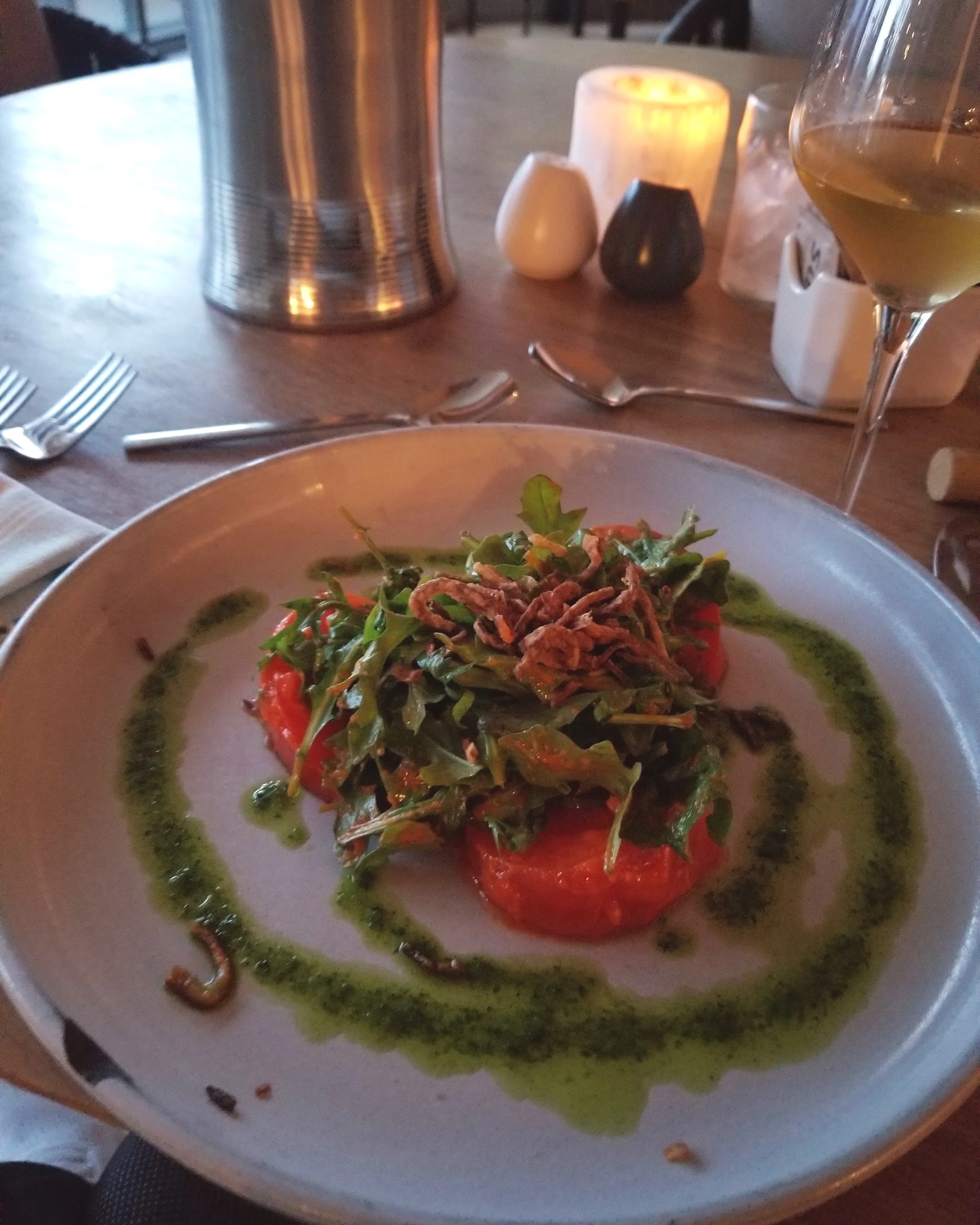 The best heirloom tomato and pesto appetizer before healthy shrimp & grits!