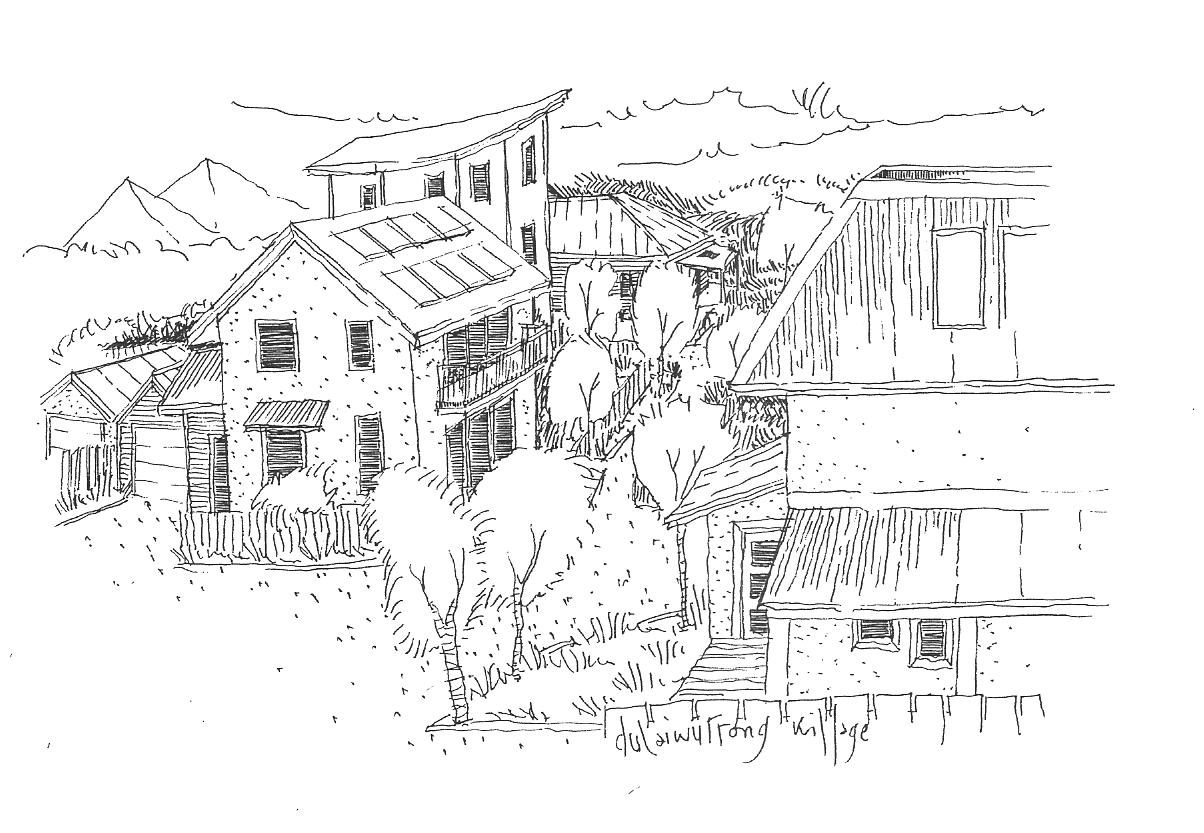 Sketch of a rustic village with wooden houses, trees, and mountainous background.