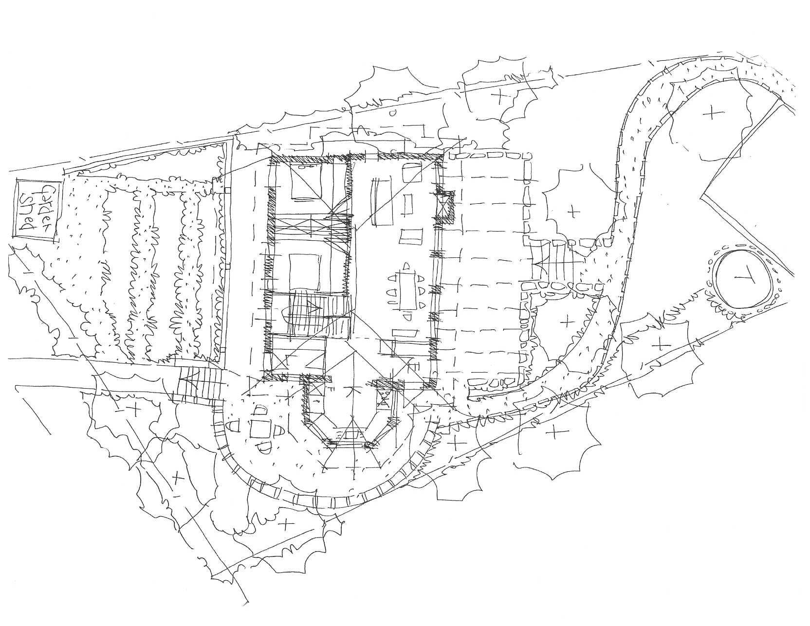 A detailed architectural blueprint of a house with multiple rooms, staircases, and surrounding landscape elements drawn with white lines on a black background.