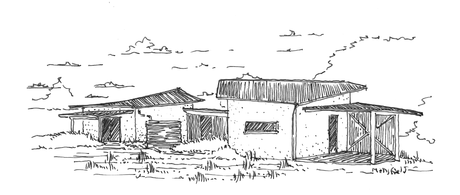 Sketch of a rural scene with three wooden structures, a cloudy sky, and a wooden fence in the foreground.