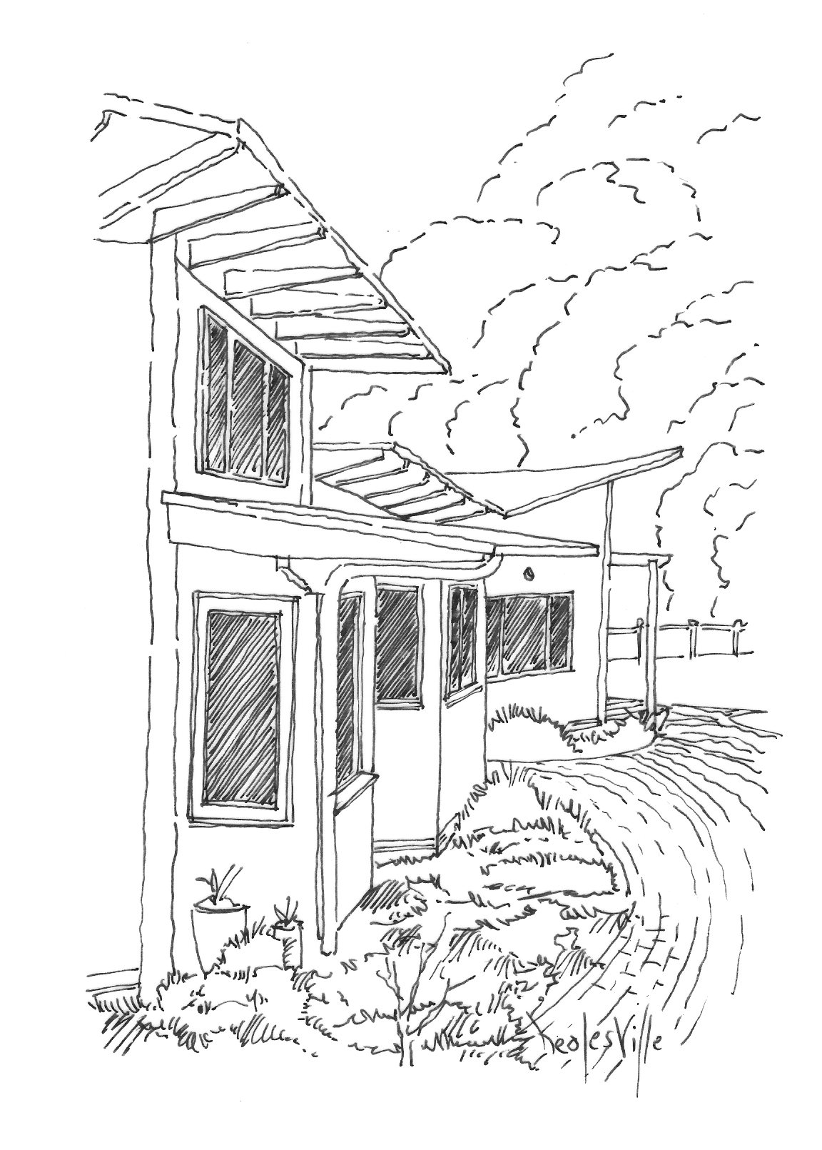 A hand-drawn sketch of a two-story house with a balcony, solar panels on the roof, a garden with plants, and a pathway with ripple patterns in the foreground.