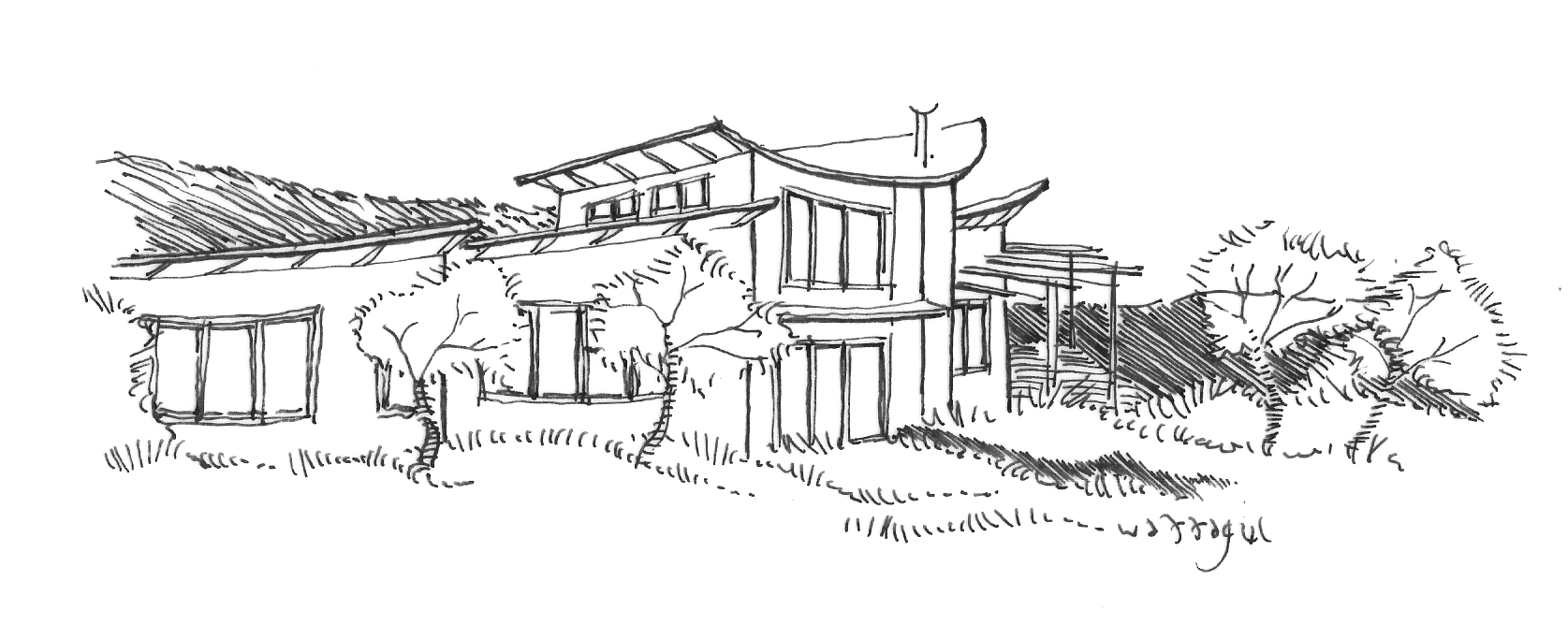 Sketch of a large, modern house with multiple levels, trees, and a garden area.